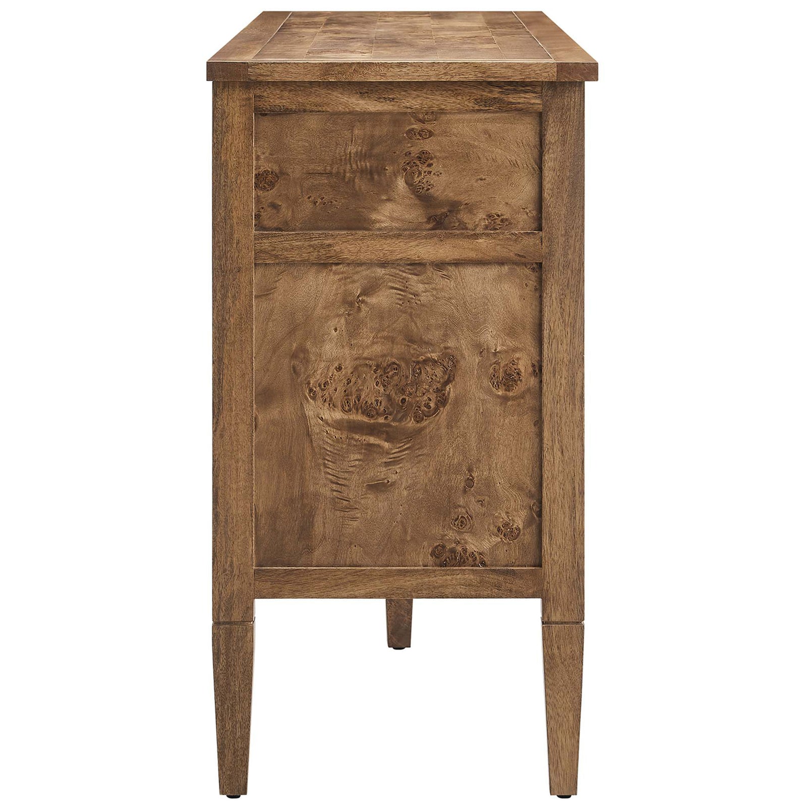 Mango wood sideboard featuring burl side panels and slim tapered legs for a light, elevated look. || EEI-6794-BRN || side_studio