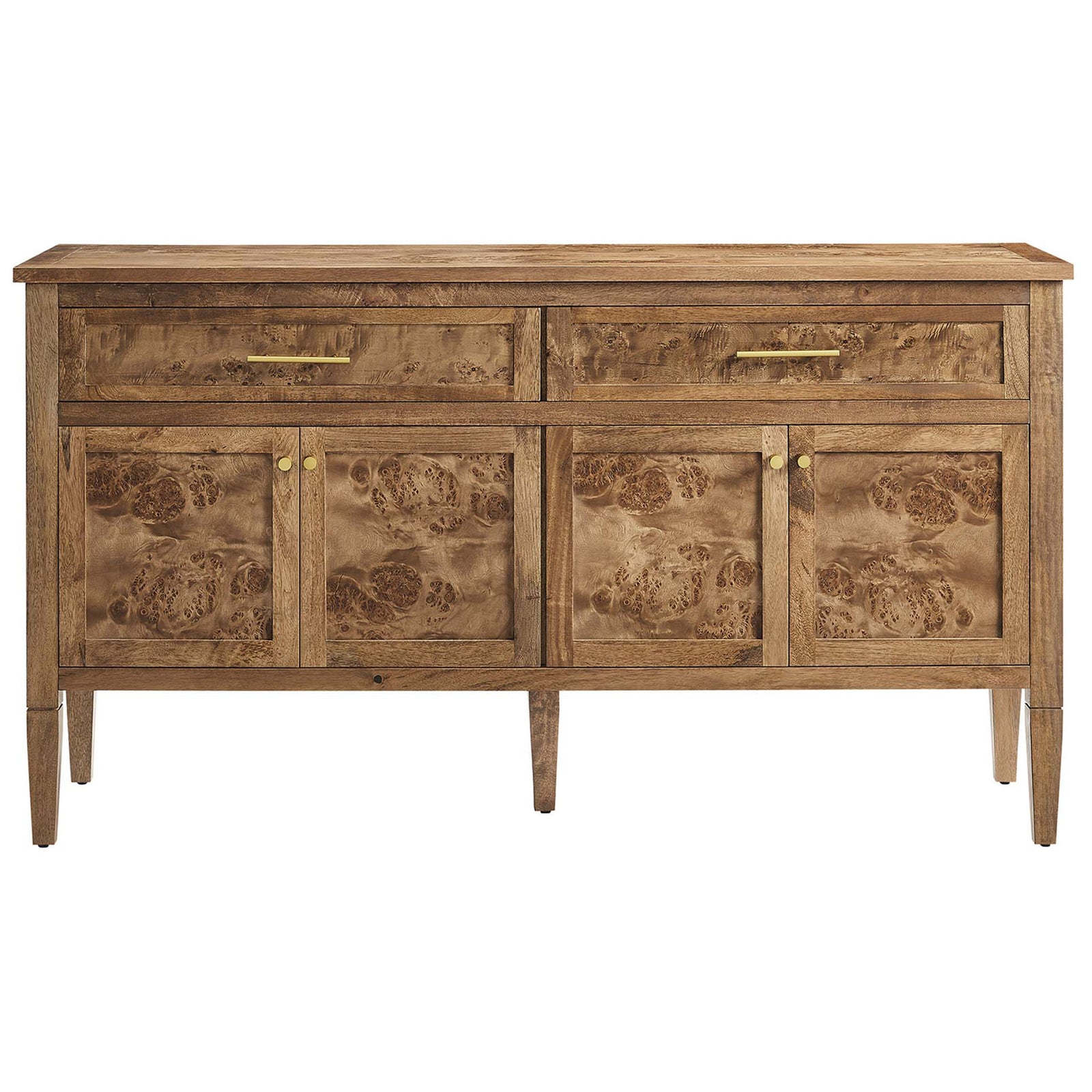 Burl wood sideboard with two top drawers and four cabinet doors for generous concealed storage. || EEI-6794-BRN || front_studio
