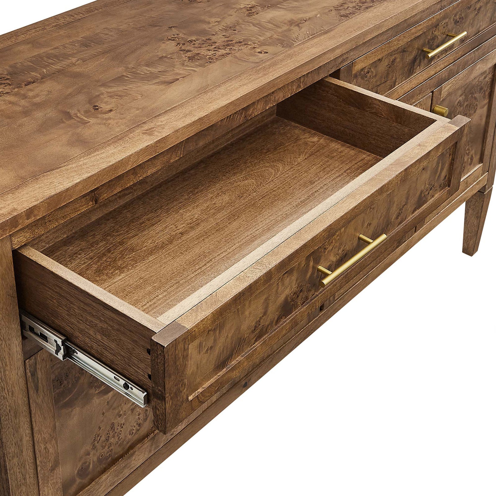 Deep wood drawer with smooth glides and ample storage space for dining or media accessories. || EEI-6794-BRN || storage_open_studio