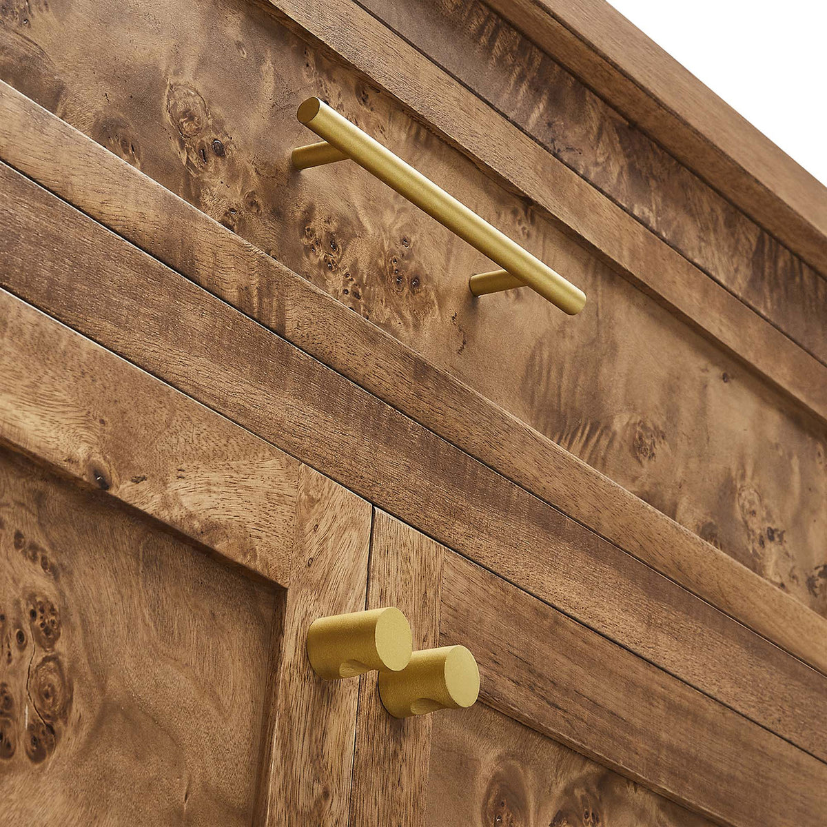 Brushed brass bar pulls and round knobs accent the burl wood cabinetry with a warm modern touch. || EEI-6794-BRN || handle_studio