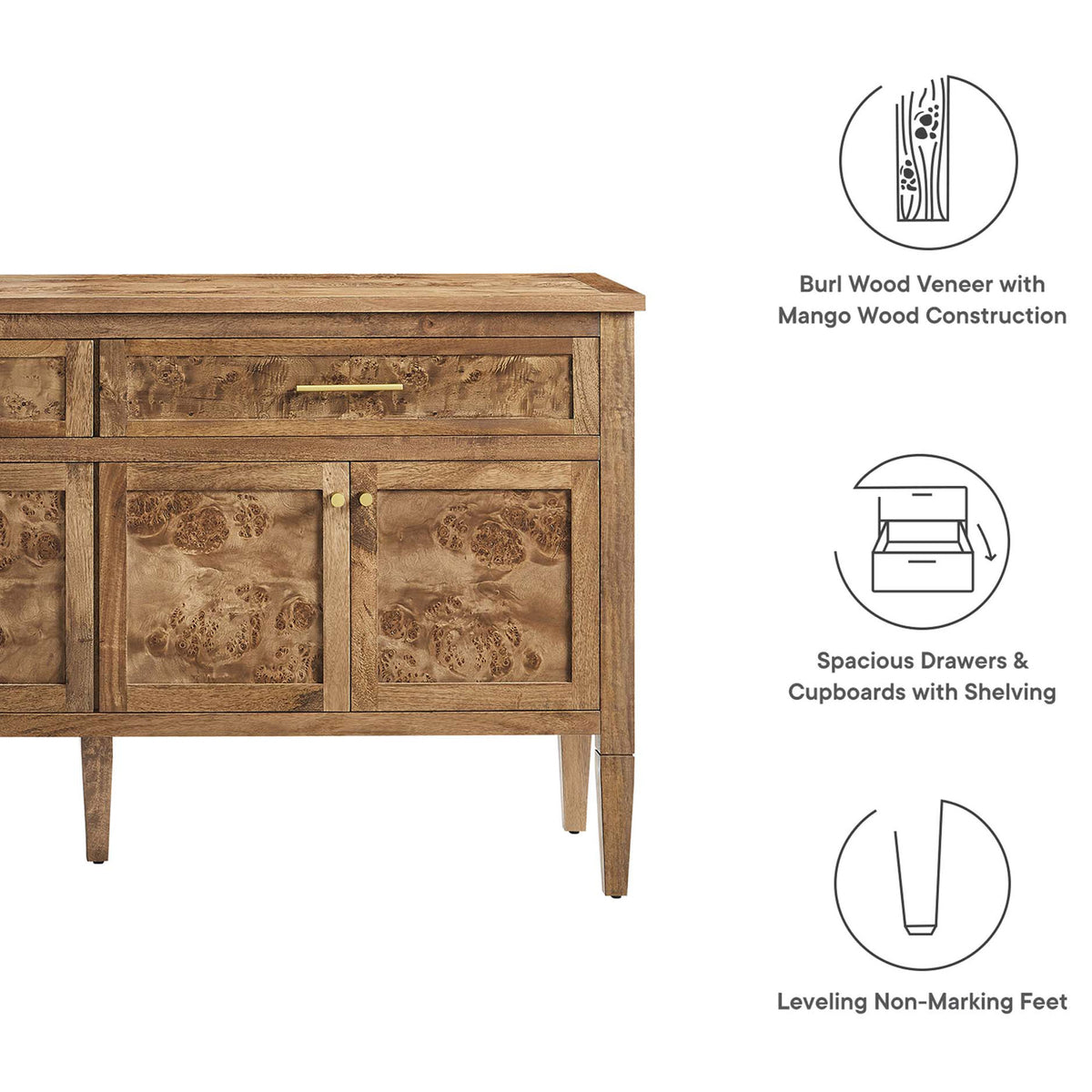 Feature icons call out burl wood veneer, spacious storage, and leveling non marking feet on the sideboard. || EEI-6794-BRN || callout_studio
