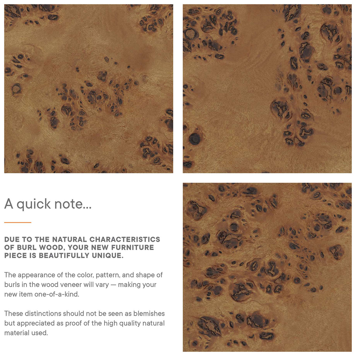Burl wood closeups highlight natural variations in color and pattern that make each sideboard unique. || EEI-6794-BRN || callout_studio