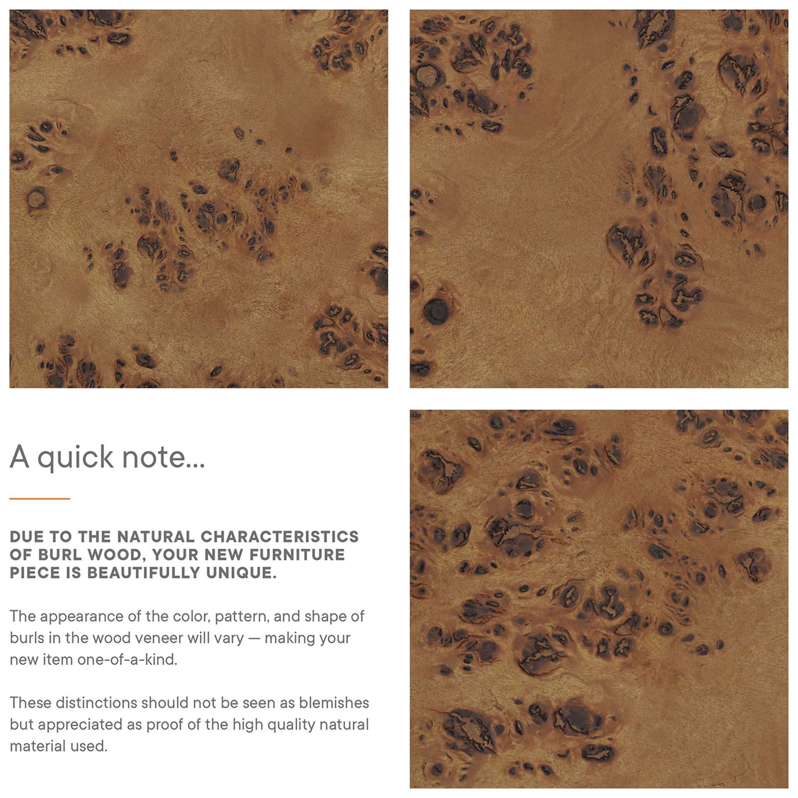 Burl wood closeups highlight natural variations in color and pattern that make each sideboard unique. || EEI-6794-BRN || callout_studio