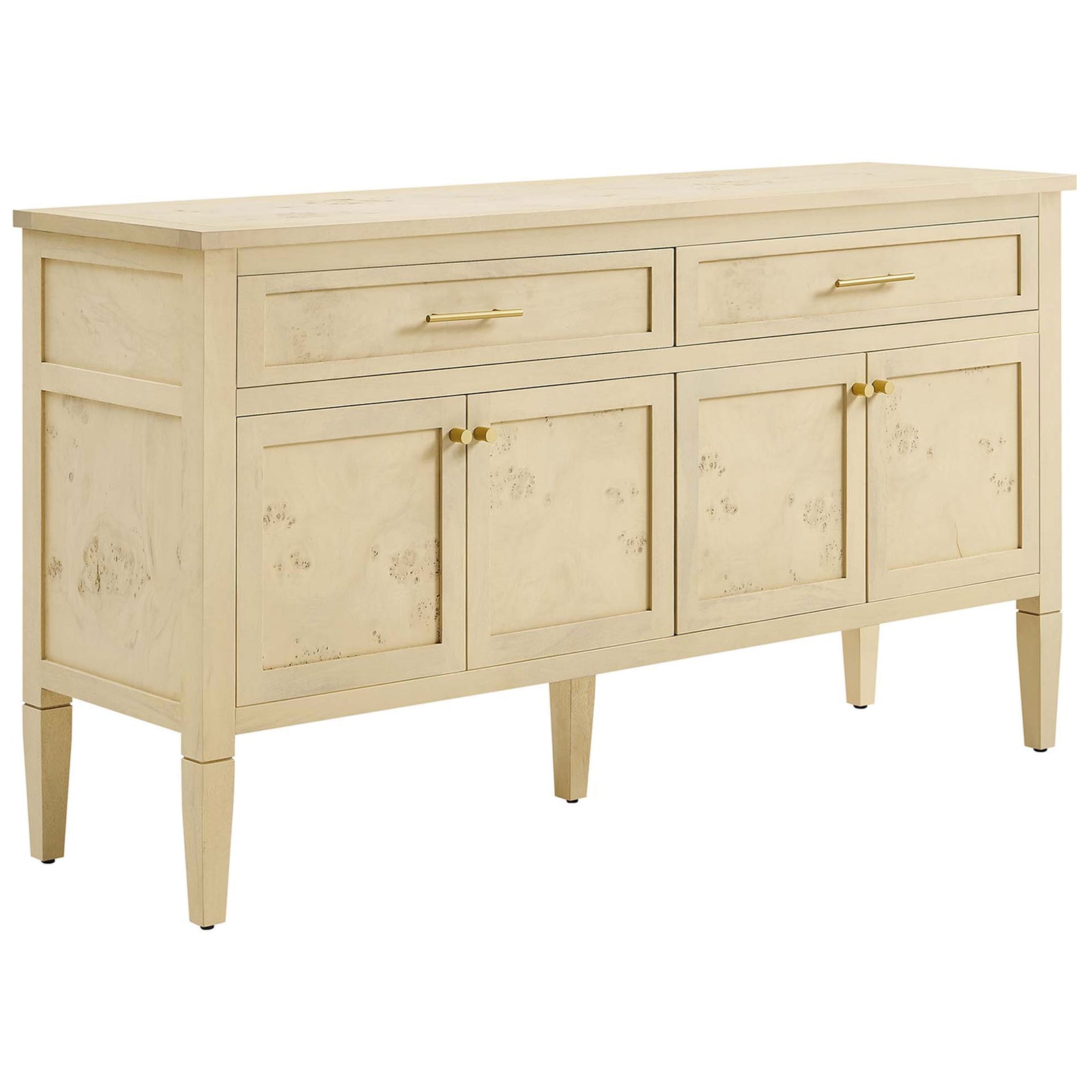 Bleached burl wood sideboard with slim profile, tapered legs, and brass pulls for versatile dining room storage || EEI-6794-BUR || front_angle_studio