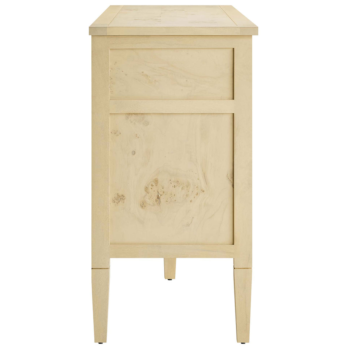 Bleached burl wood sideboard with smooth end panel, tapered legs, and subtle natural wood grain variation || EEI-6794-BUR || side_studio