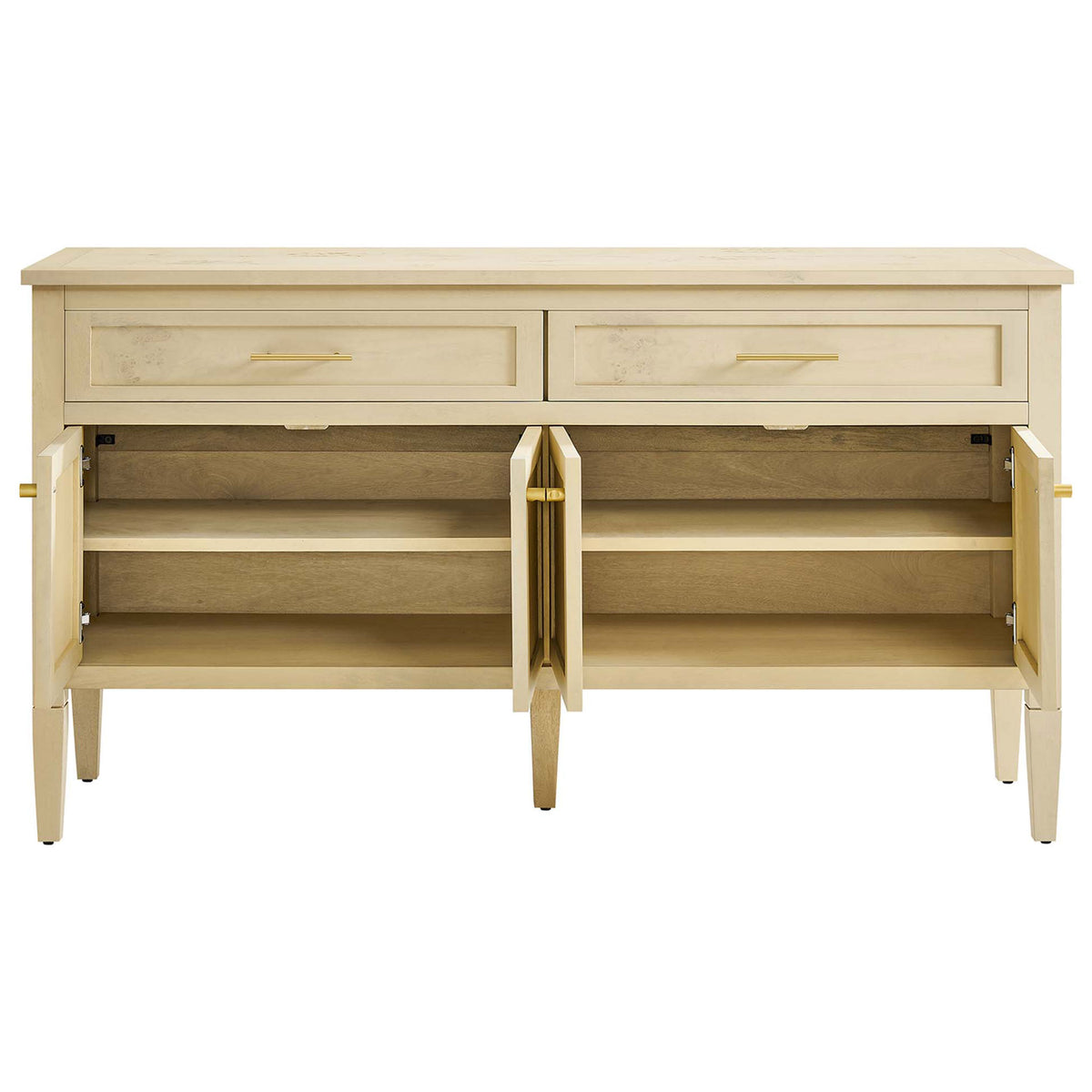 Sideboard with double cupboards and interior shelving open, offering generous storage for dining and living essentials || EEI-6794-BUR || front_open_studio