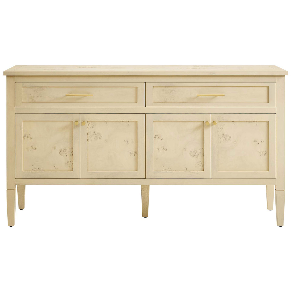 Elysian 62 inch bleached burl wood sideboard with four paneled doors, two drawers, and sleek brass hardware || EEI-6794-BUR || front_studio