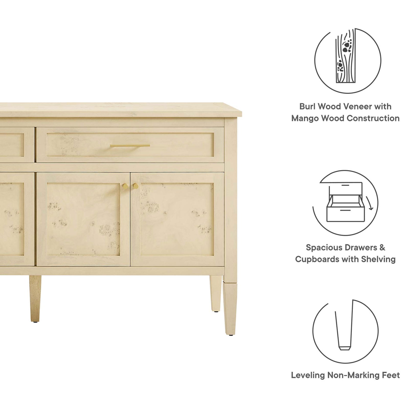 Sideboard highlights burl veneer, spacious drawers and cupboards, and leveling feet for a polished, stable design || EEI-6794-BUR || callout_studio