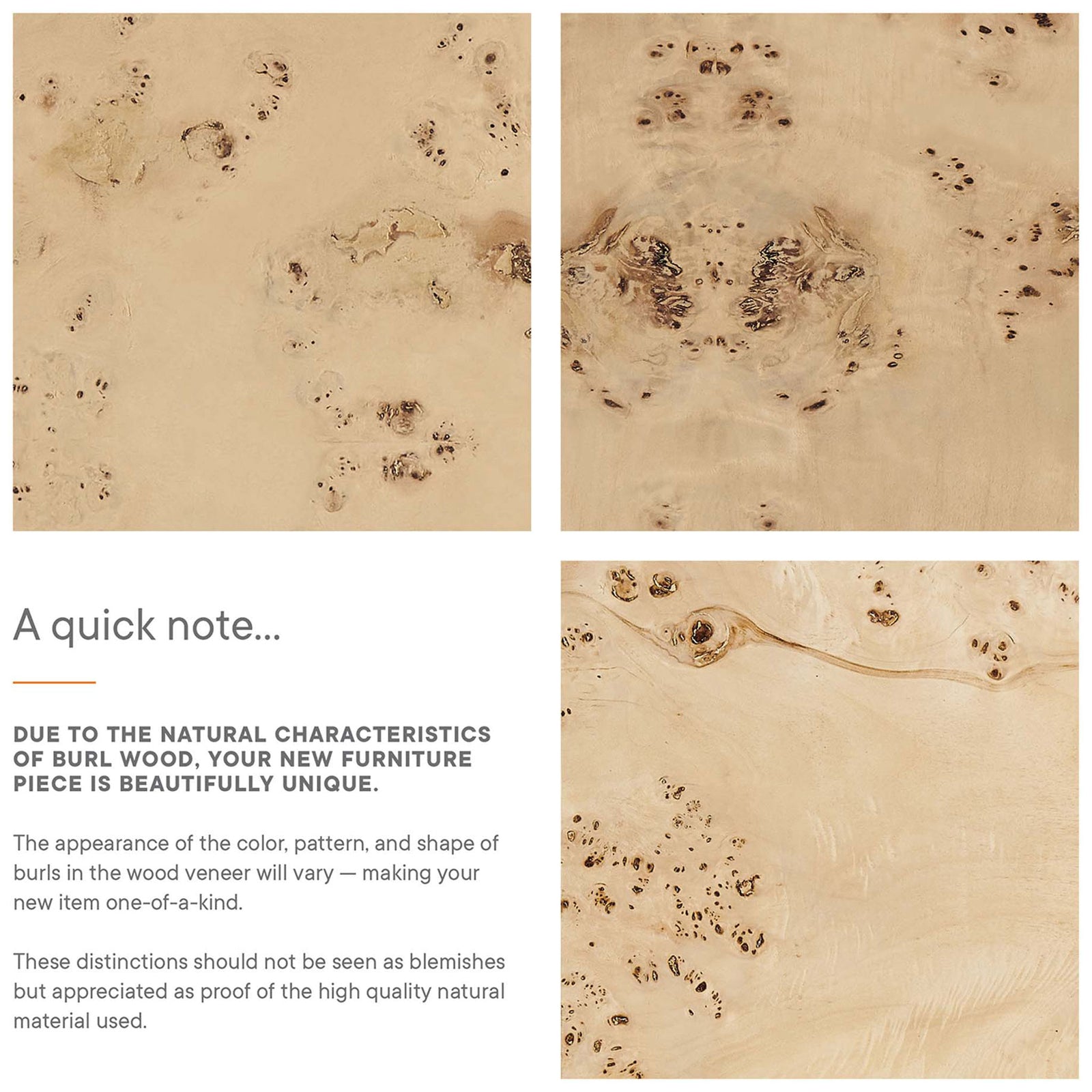 Burl wood veneer panels highlighting unique knots, swirls, and natural pattern variation in the light finish || EEI-6794-BUR || callout_studio