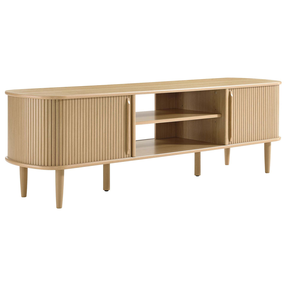 Oak Contour TV stand featuring rounded corners and slim mid-century profile || EEI-6795-OAK || front_angle_studio