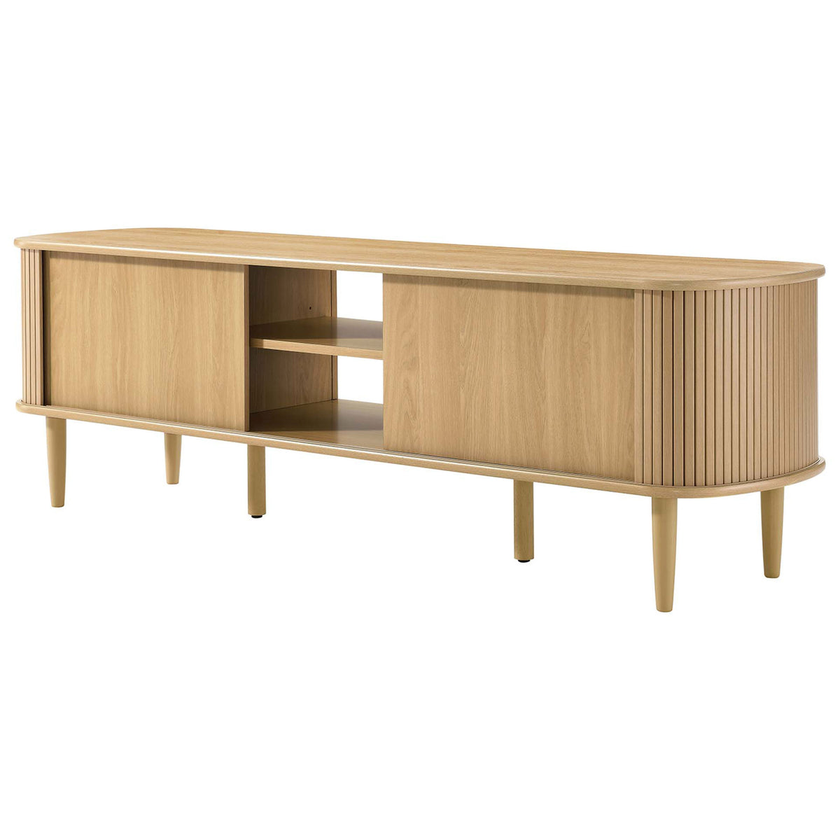 Oak TV console with fluted sliding doors arranged to reveal the side shelving || EEI-6795-OAK || back_angle_studio