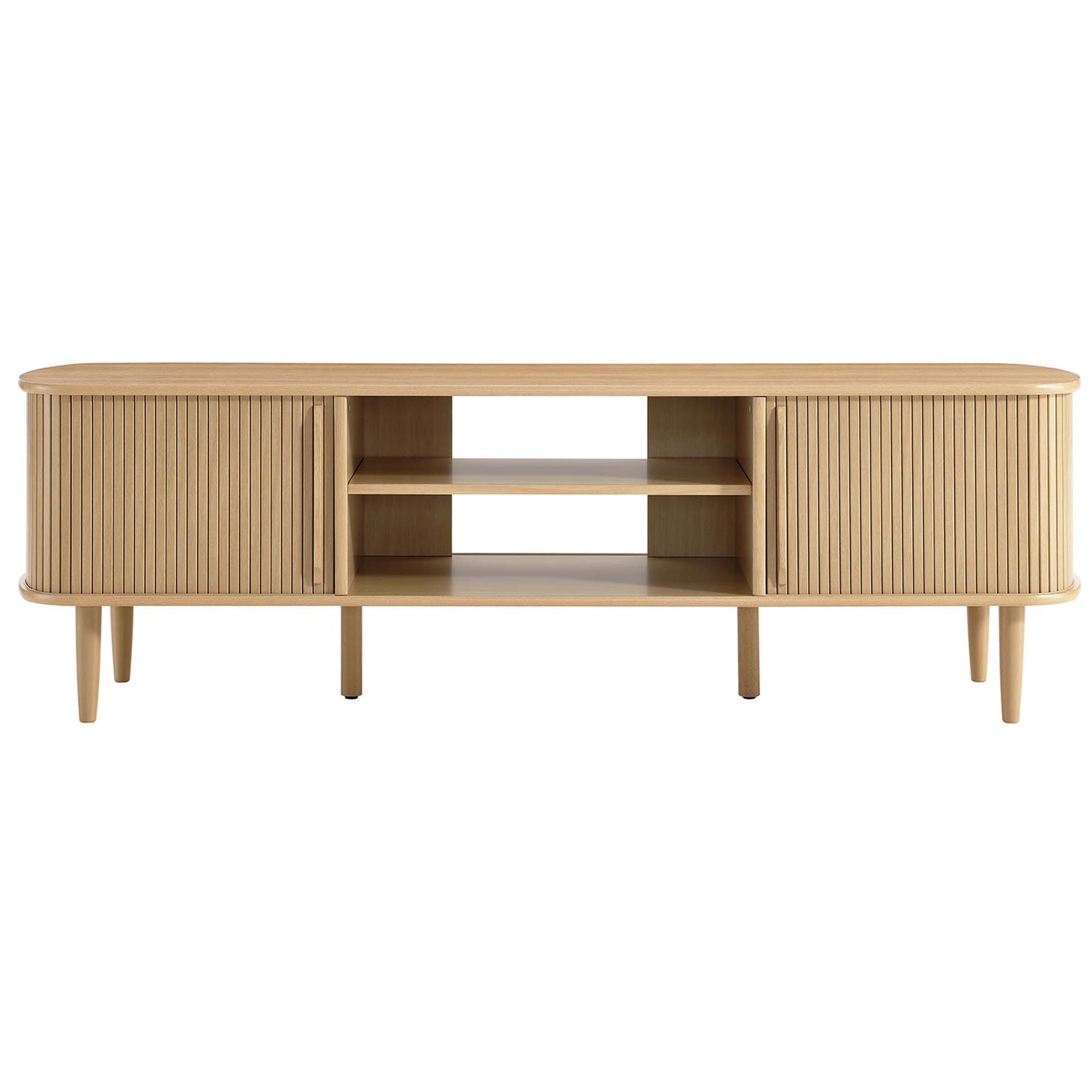 Oak TV stand supports a large screen with organized storage for consoles and decor || EEI-6795-OAK || storage_studio