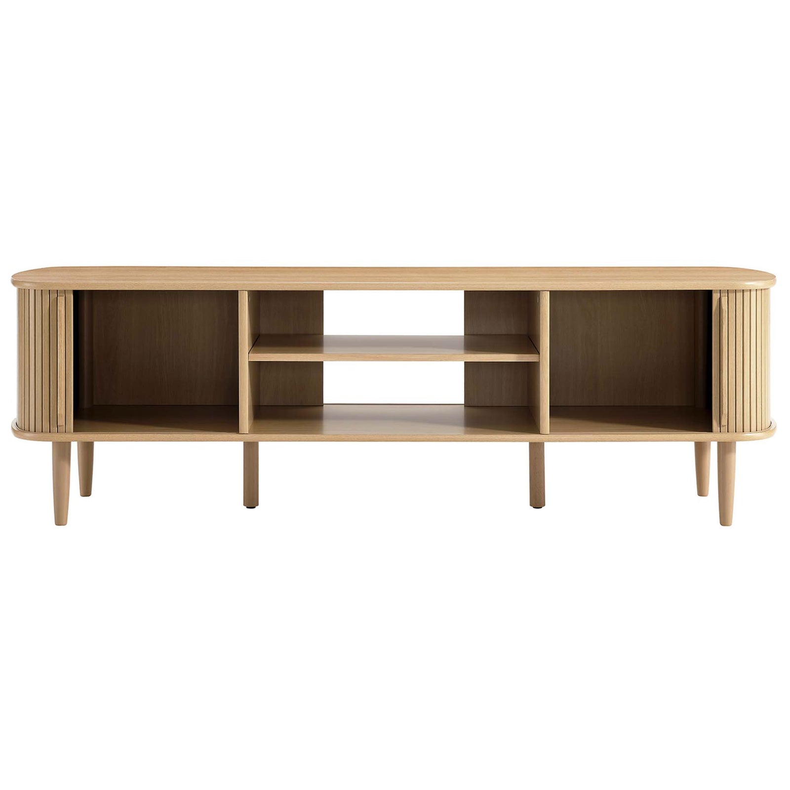 Mid-century 63-inch oak TV stand with slatted doors and open shelving || EEI-6795-OAK || front_open_studio