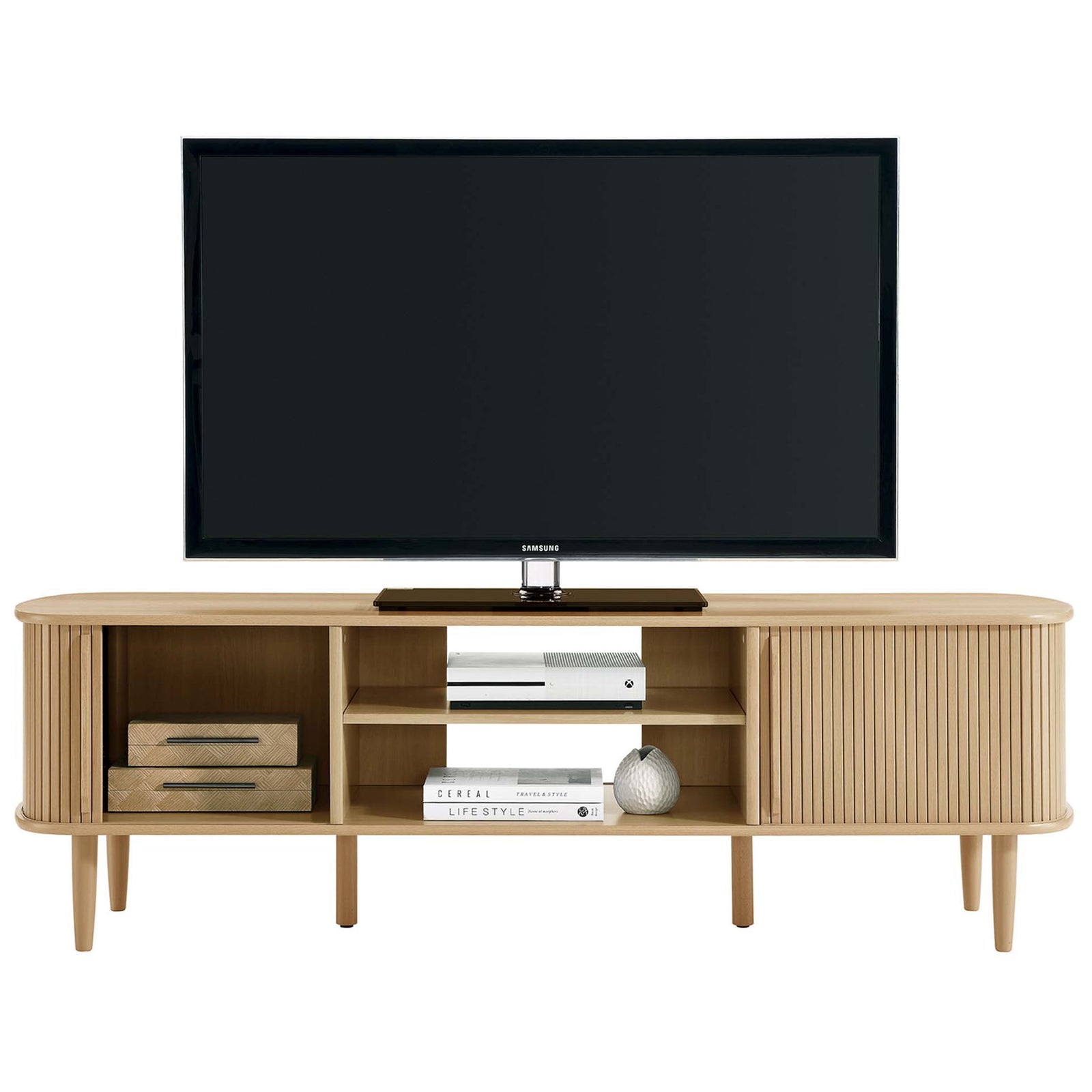 Long oak media console offers generous surface space and adjustable center shelf || EEI-6795-OAK || front_studio