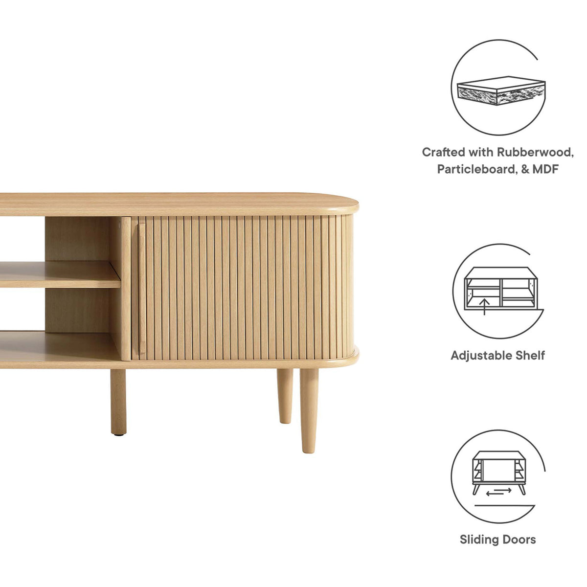 Feature icons showcase materials, adjustable shelf, and sliding doors of the TV stand || EEI-6795-OAK || callout_studio