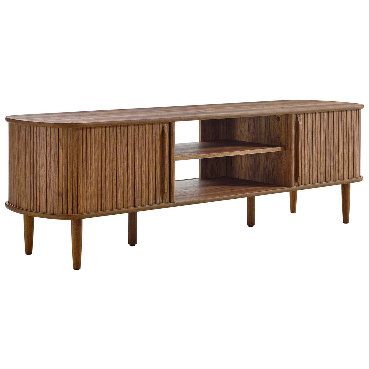 Walnut Contour TV stand showcasing smooth curves and elongated silhouette || EEI-6795-WAL || front_angle_studio