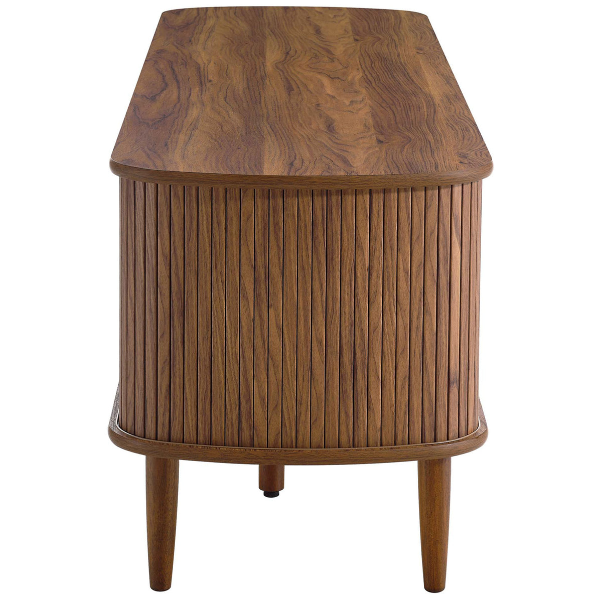 Rounded walnut end of the TV cabinet displays continuous vertical slat detailing || EEI-6795-WAL || side_studio