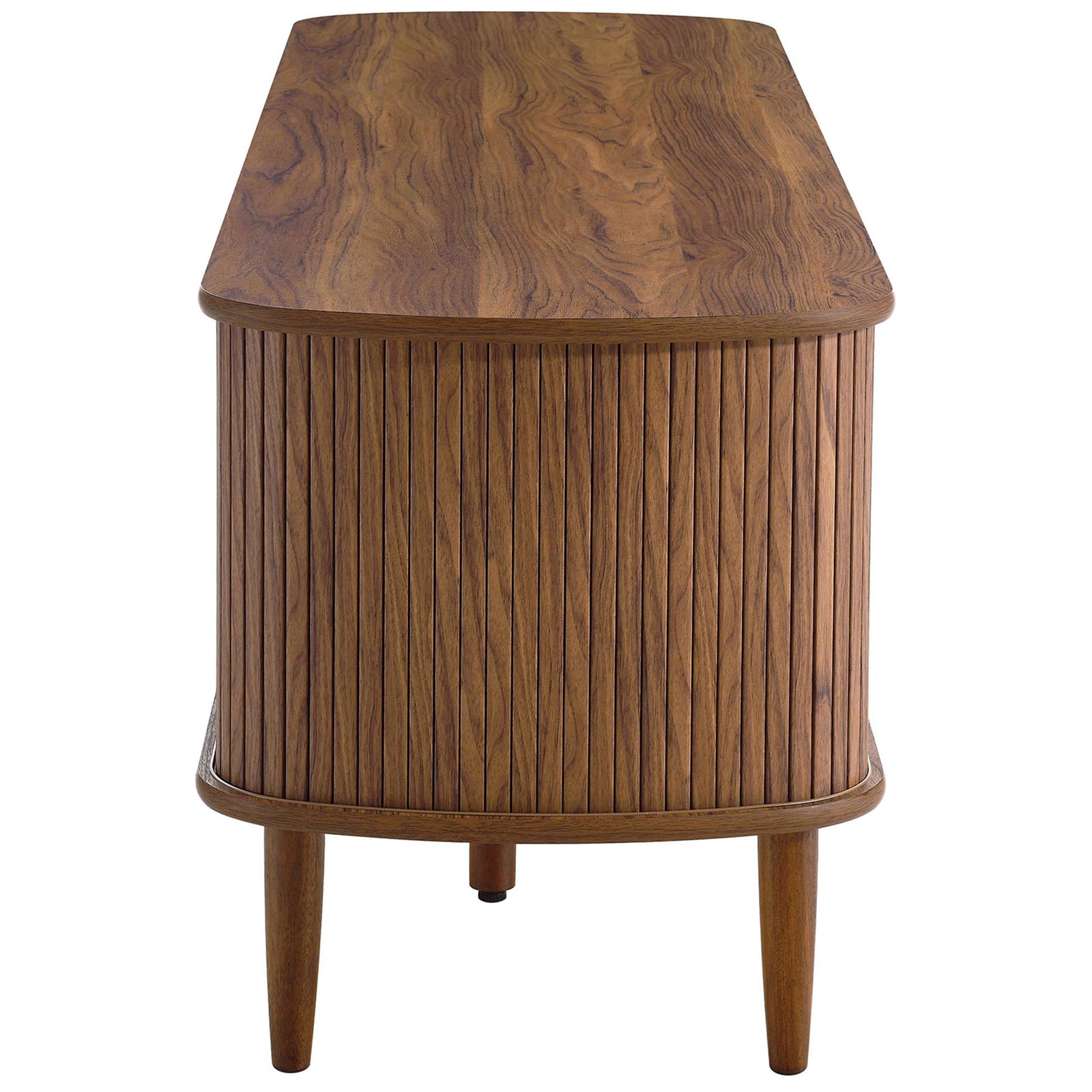 Rounded walnut end of the TV cabinet displays continuous vertical slat detailing || EEI-6795-WAL || side_studio