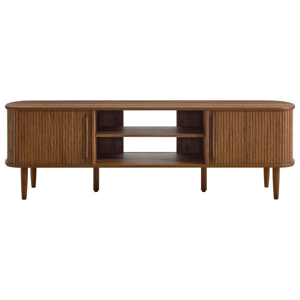 Mid-century 63-inch walnut TV stand with fluted doors and generous open shelving || EEI-6795-WAL || front_studio