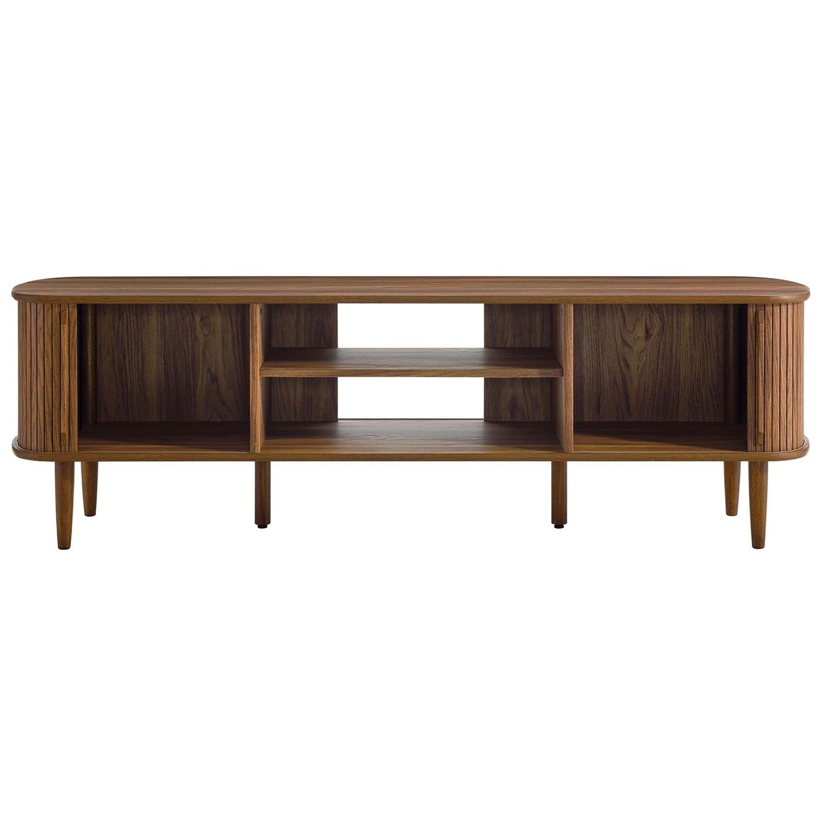 Walnut media console supports a large TV with organized space for devices and decor || EEI-6795-WAL || front_open_studio