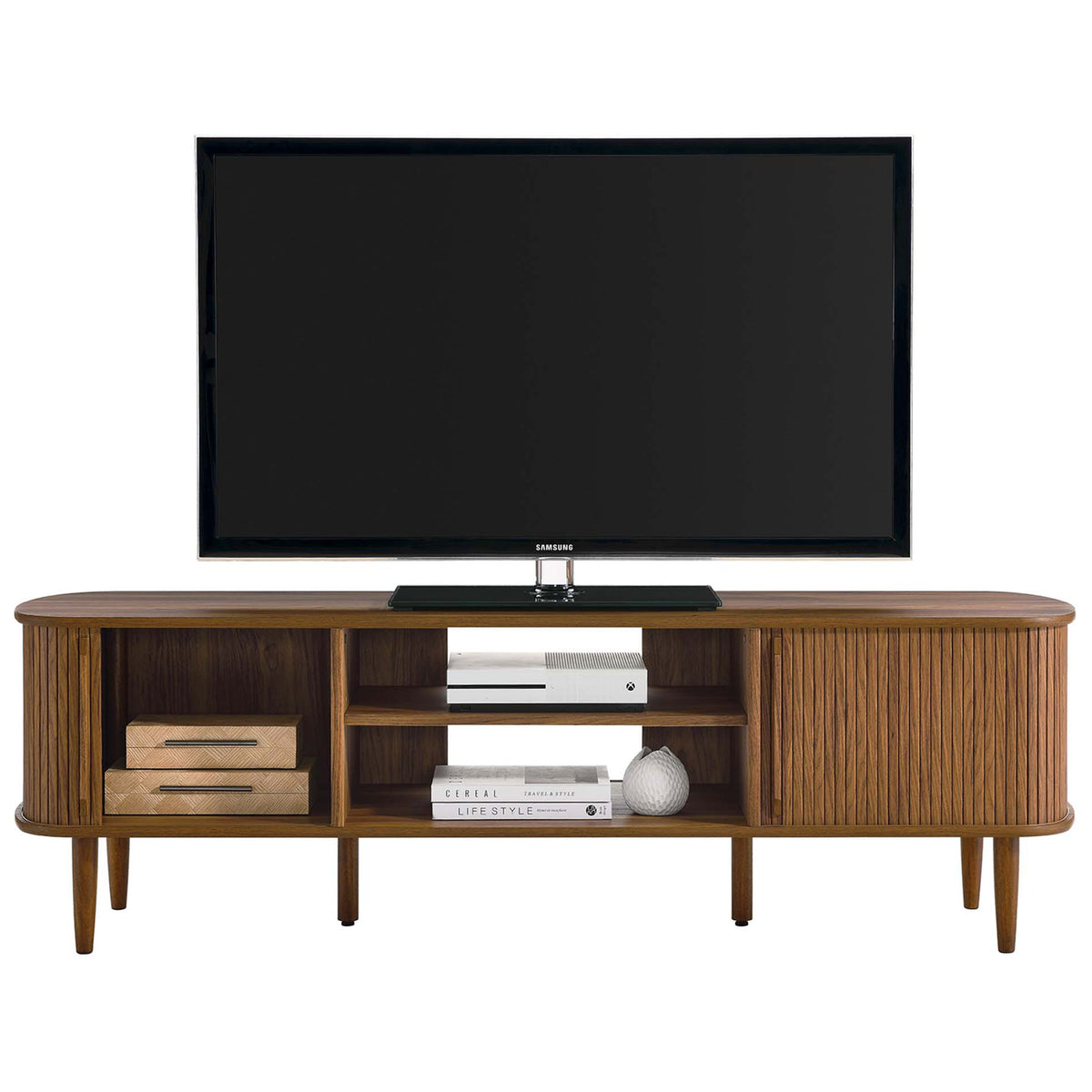Walnut TV console with doors arranged to reveal the left storage compartment || EEI-6795-WAL || front_open_studio