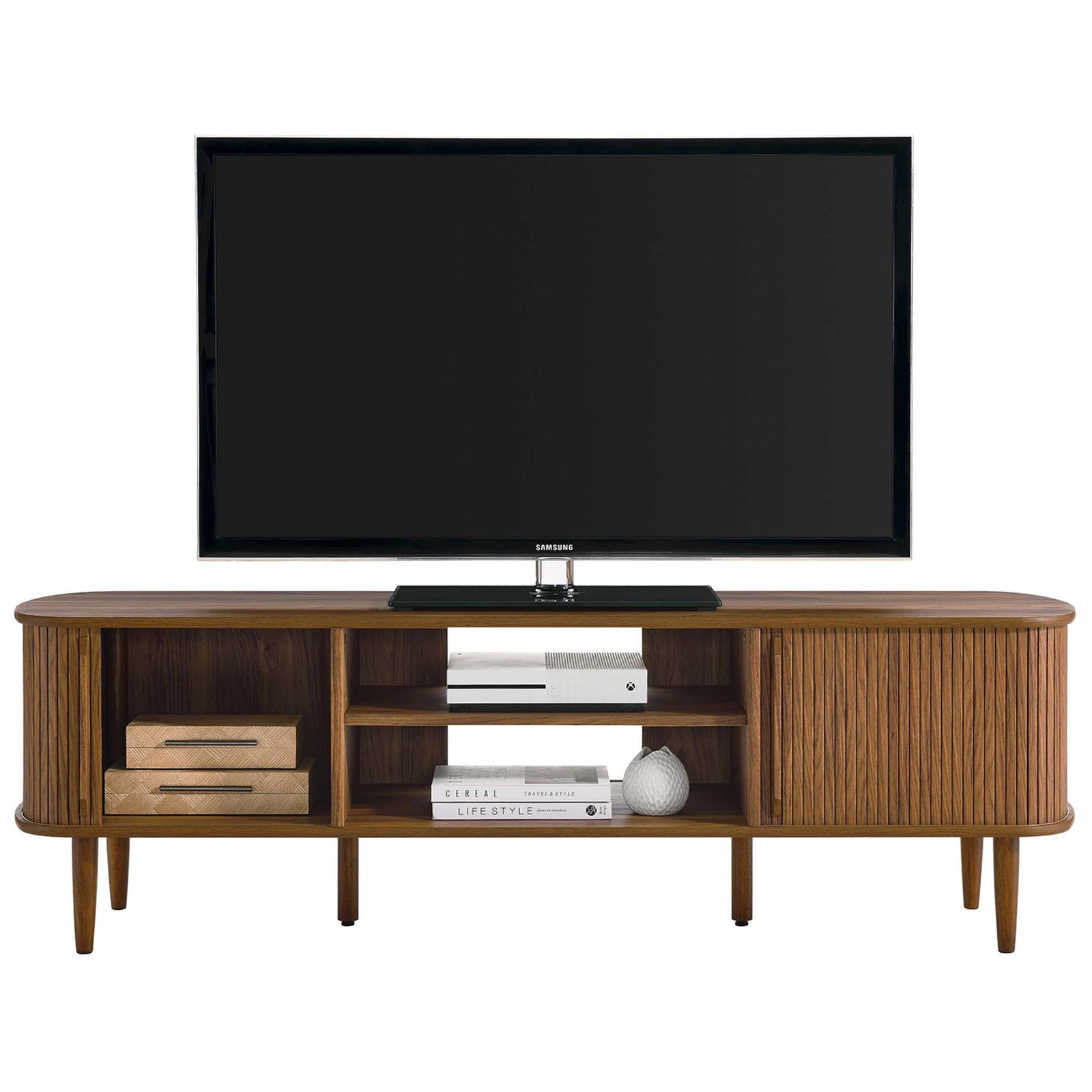 Walnut TV console with doors arranged to reveal the left storage compartment || EEI-6795-WAL || front_open_studio