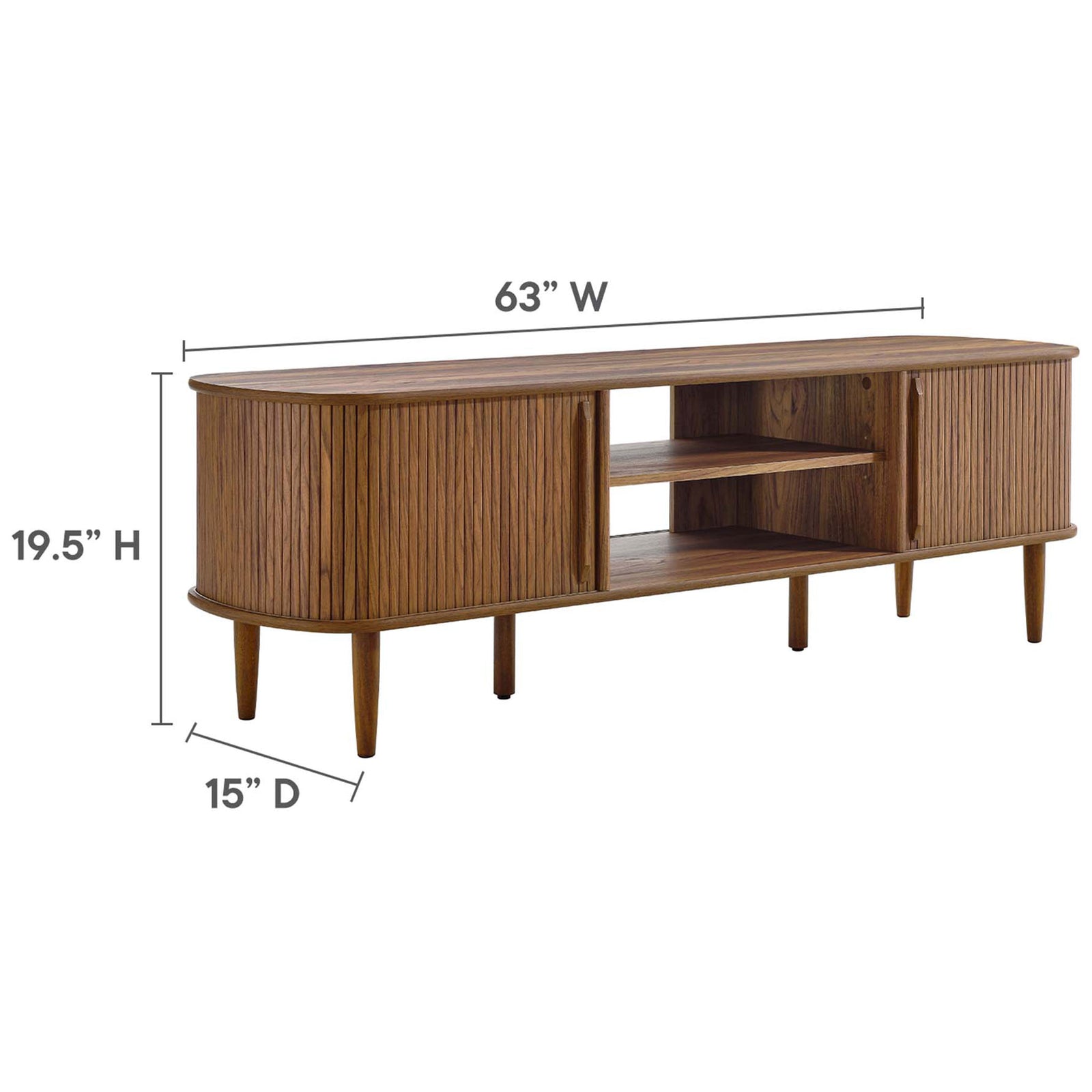 Size guide for the 63-inch walnut TV stand with length, height, and depth labels || EEI-6795-WAL || dimension_studio
