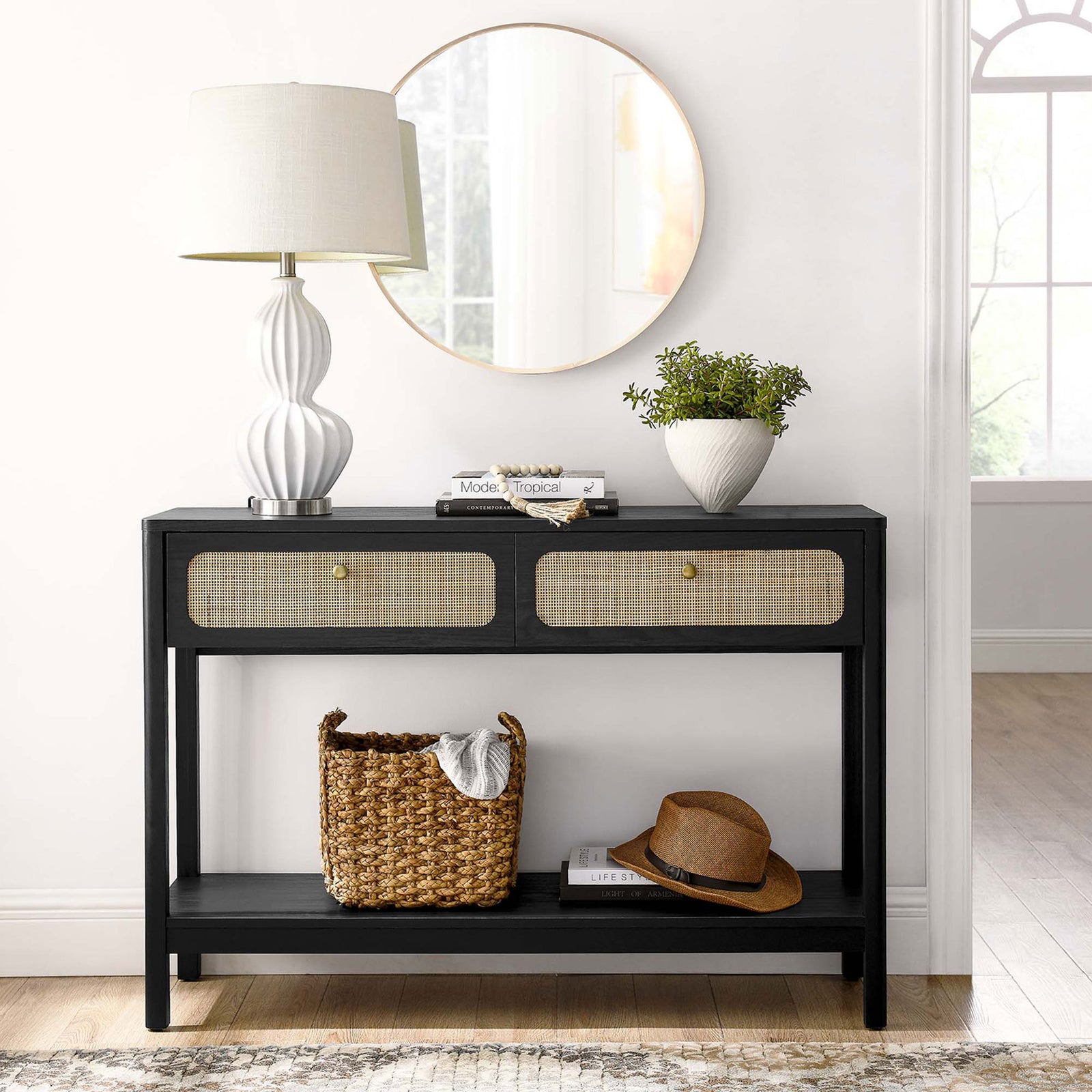 Styled entry console in black with cane drawers and open shelf for baskets and decor || EEI-6797-BLK || front_room