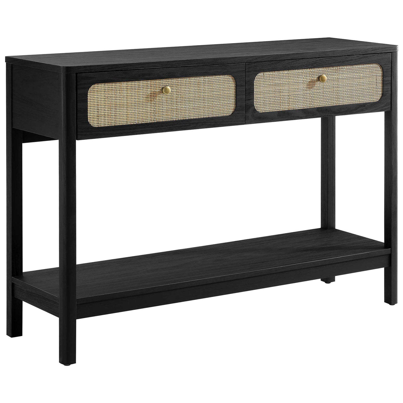 Sleek black console shows woven cane drawers and a spacious lower shelf for display || EEI-6797-BLK || front_angle_studio