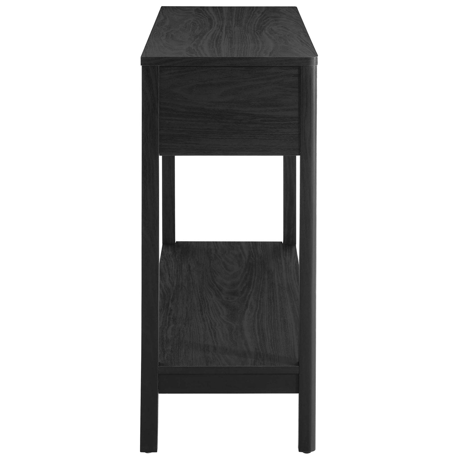 Slim profile console highlights wood grain texture and sturdy frame with open lower shelf || EEI-6797-BLK || side_studio