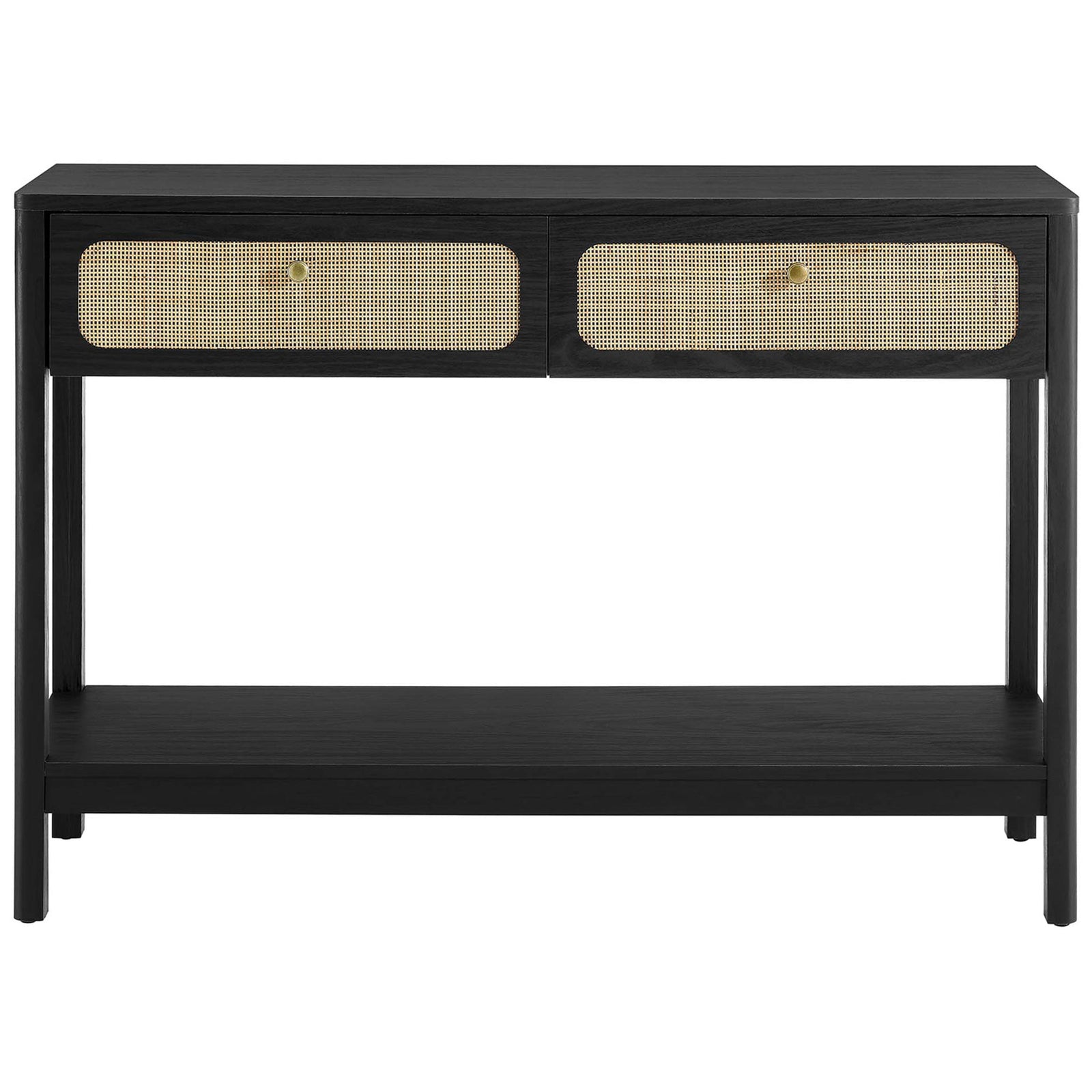 Black console table with two rattan-front drawers, brass knobs, and a roomy open shelf || EEI-6797-BLK || front_studio
