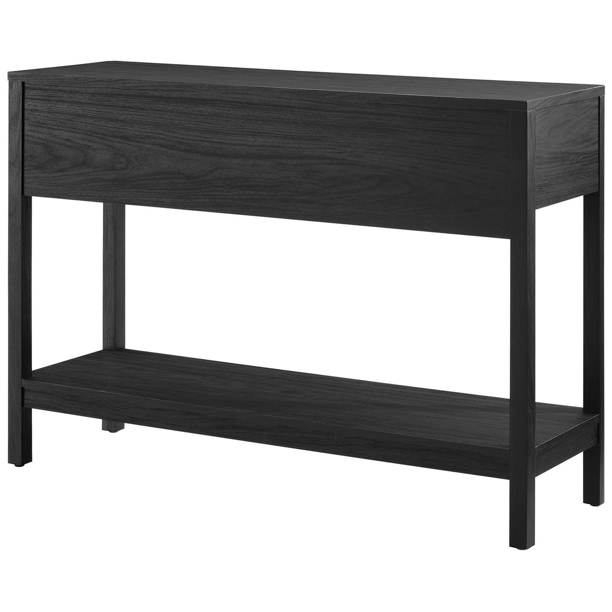 Clean finished back in black wood grain with strong frame and open base shelf || EEI-6797-BLK || back_angle_studio