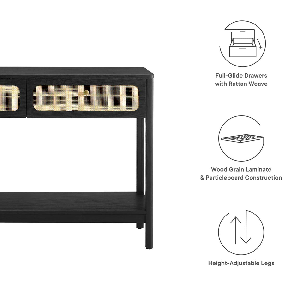 Full-glide drawers, wood grain laminate construction, and height-adjustable legs || EEI-6797-BLK || callout_studio