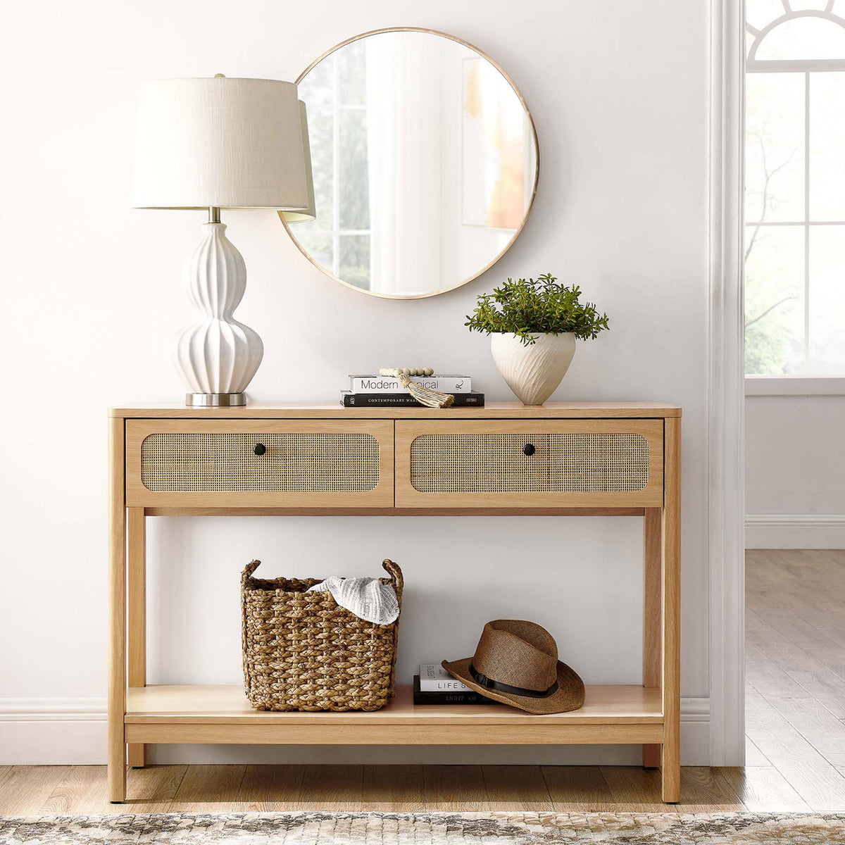 Style-ready console brings airy oak tone, rattan texture, and open storage to your space. || EEI-6797-OAK || front_room