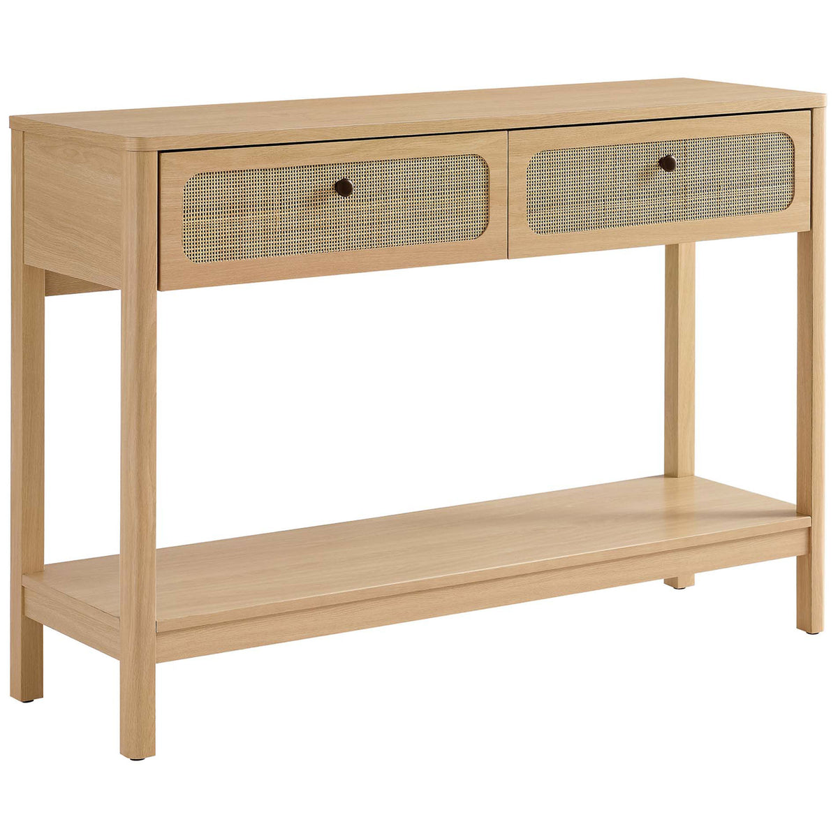 Warm oak console table featuring dual rattan-front drawers and a spacious display shelf. || EEI-6797-OAK || front_angle_studio