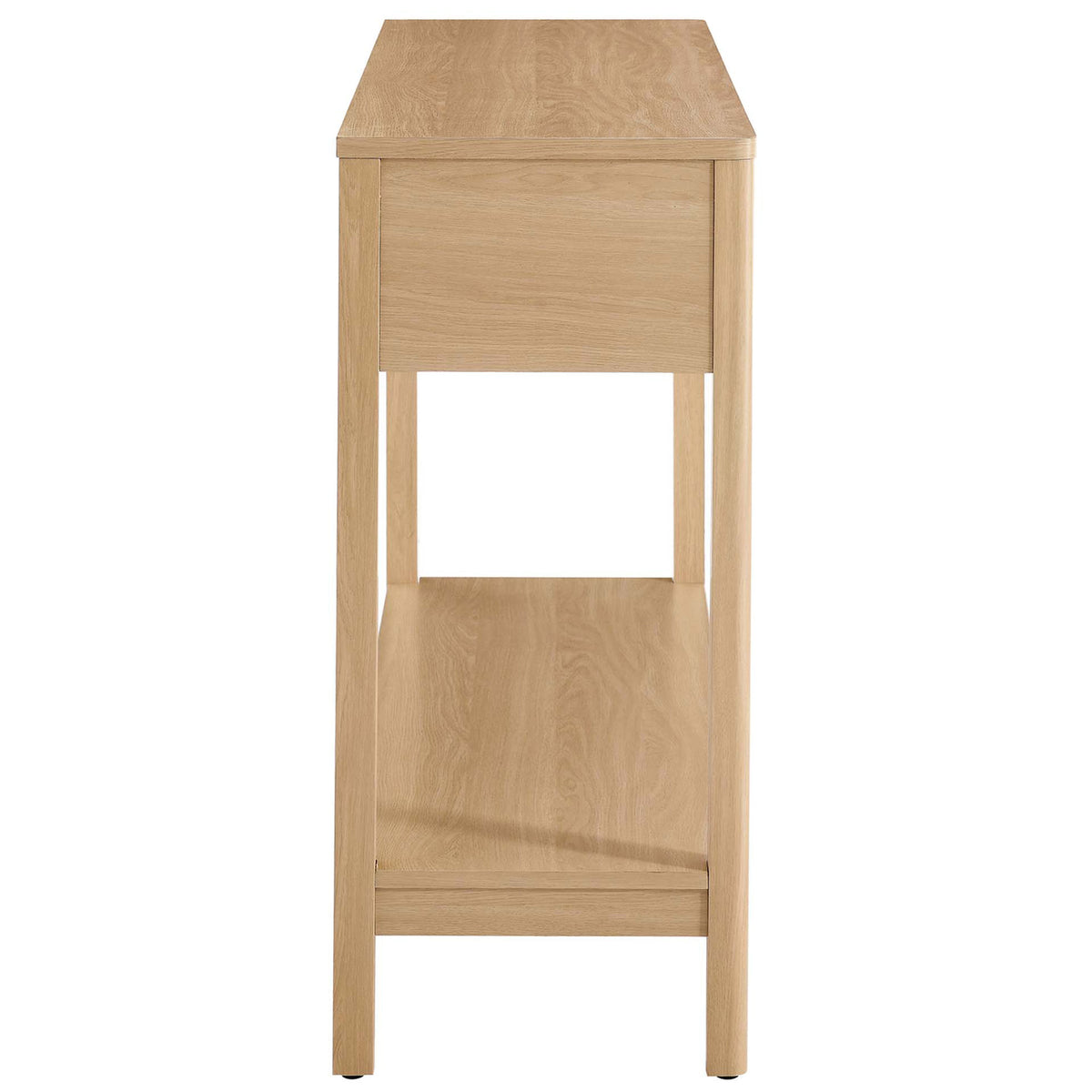 Slim profile console with clean lines and a full-length lower shelf in an oak finish. || EEI-6797-OAK || side_studio