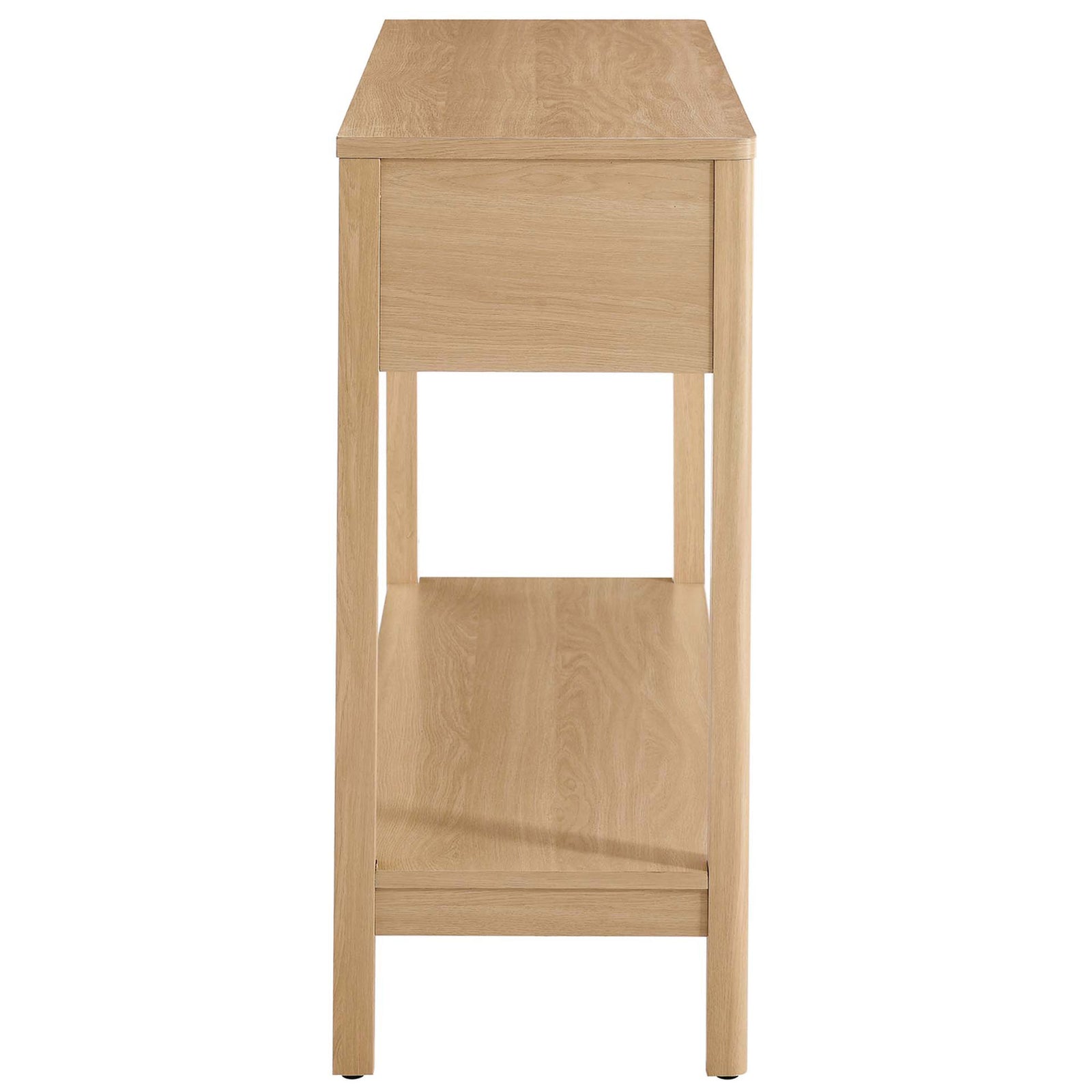 Slim profile console with clean lines and a full-length lower shelf in an oak finish. || EEI-6797-OAK || side_studio