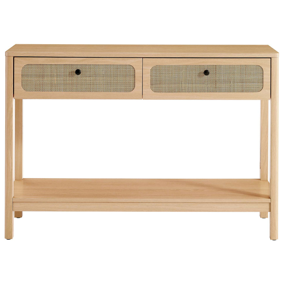 Streamlined oak console with woven rattan drawer fronts and a roomy bottom shelf. || EEI-6797-OAK || front_studio