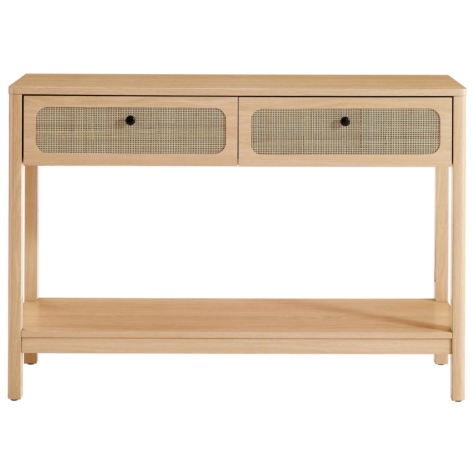 Streamlined oak console with woven rattan drawer fronts and a roomy bottom shelf. || EEI-6797-OAK || front_studio