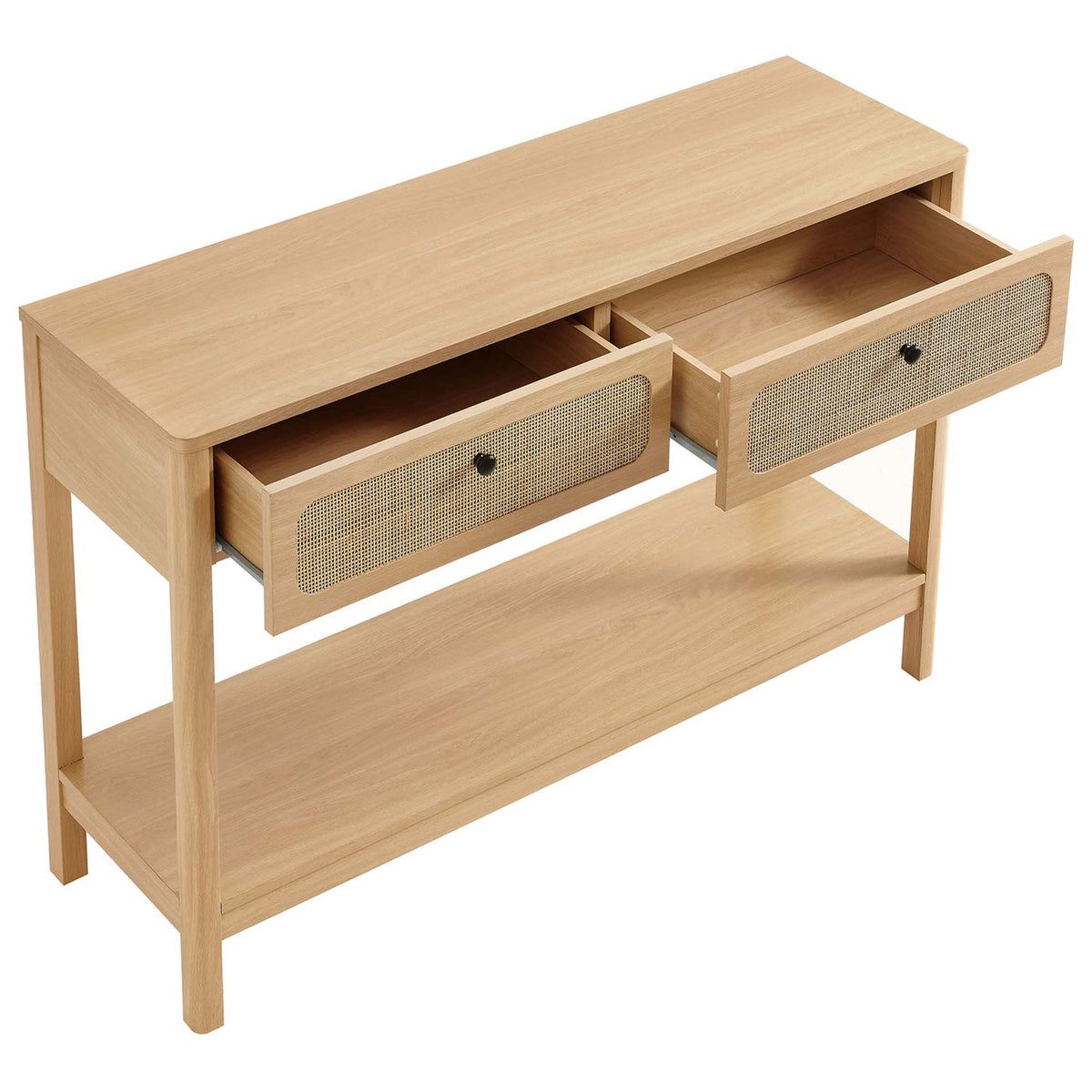 Two full-glide drawers open to reveal storage, paired with a sturdy oak frame and roomy lower shelf. || EEI-6797-OAK || front_angle_open_studio
