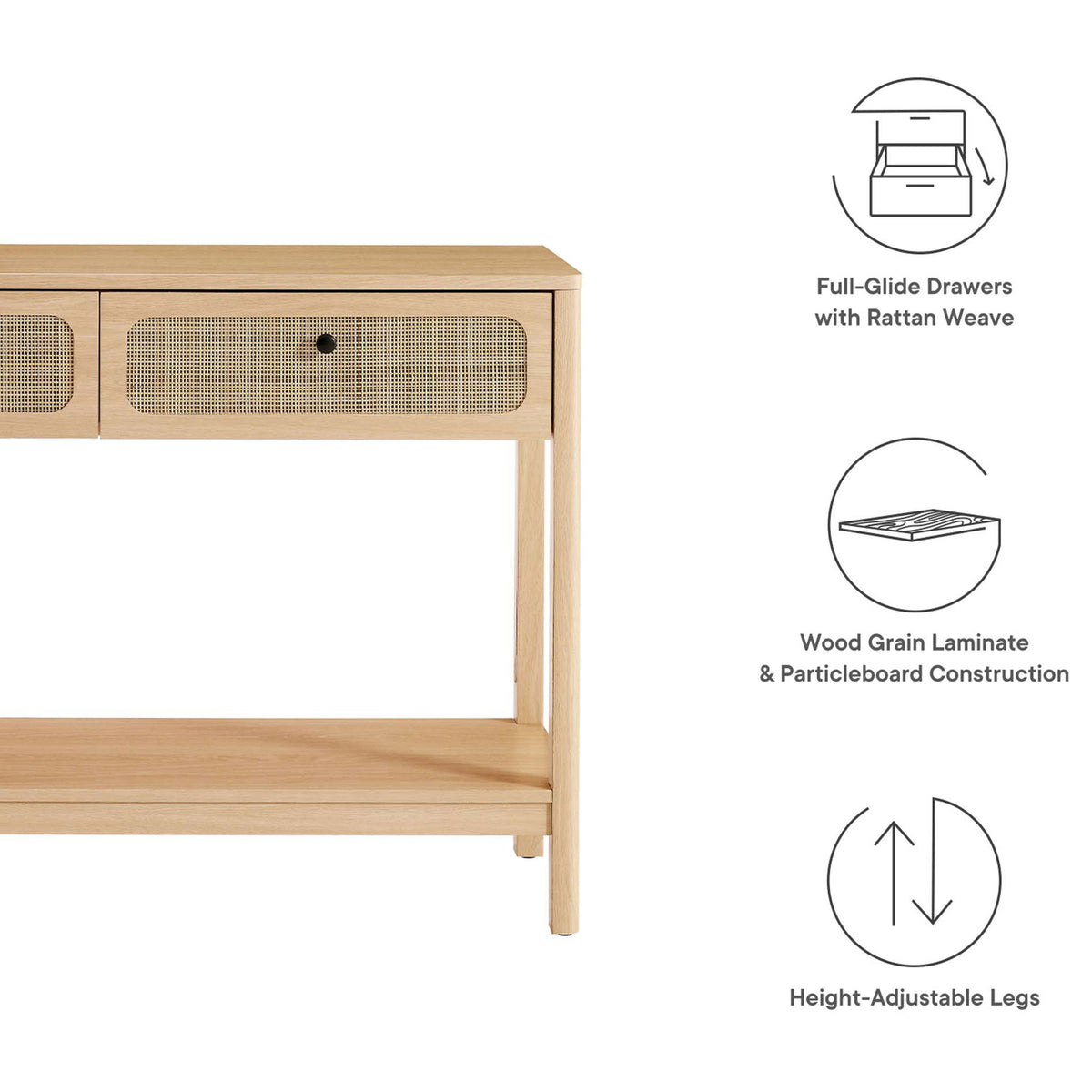 Key features include full-glide drawers, wood grain laminate, and height-adjustable legs. || EEI-6797-OAK || callout_studio
