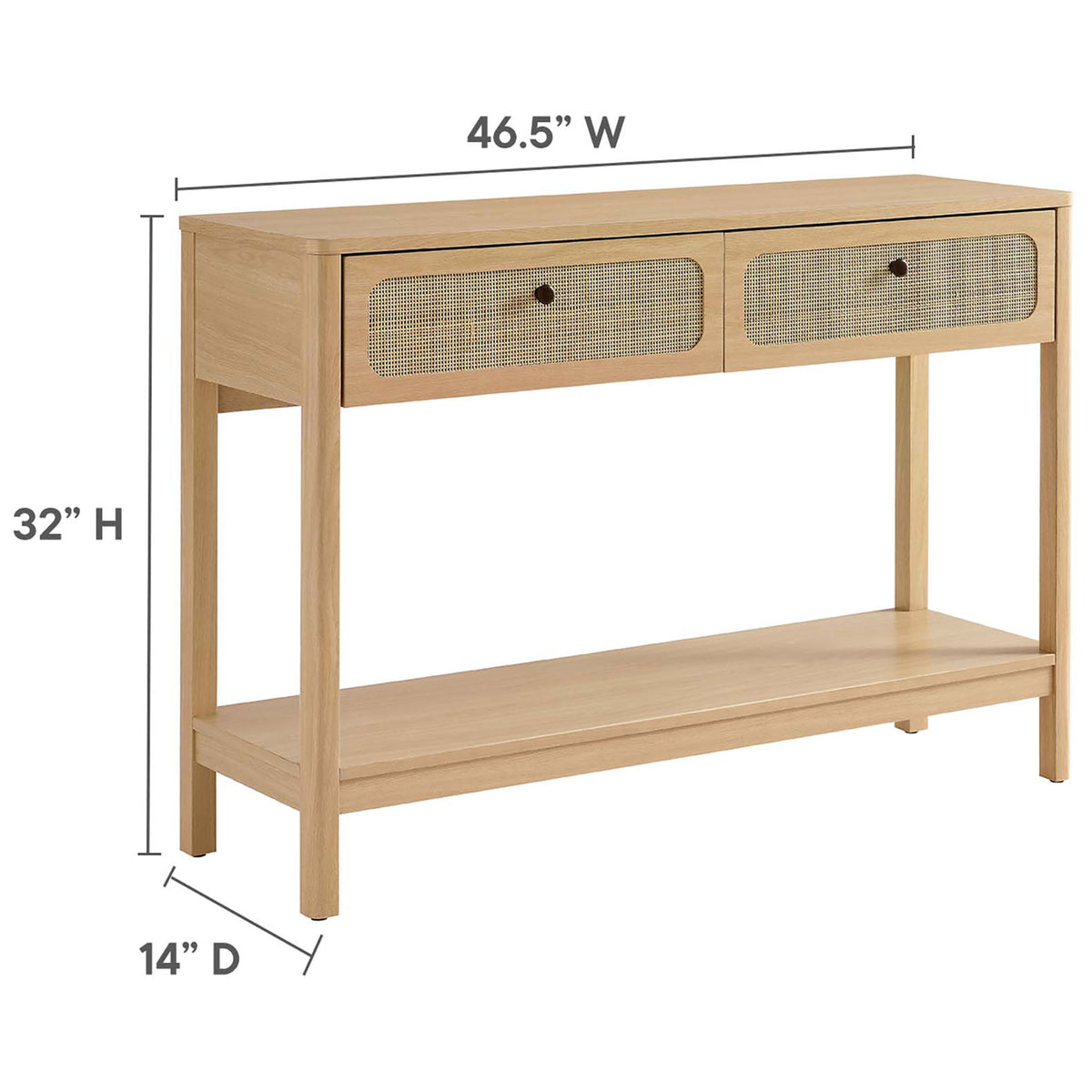 Measures 46.5 in. wide by 14 in. deep and 32 in. high for slim storage in narrow spaces. || EEI-6797-OAK || dimension_studio