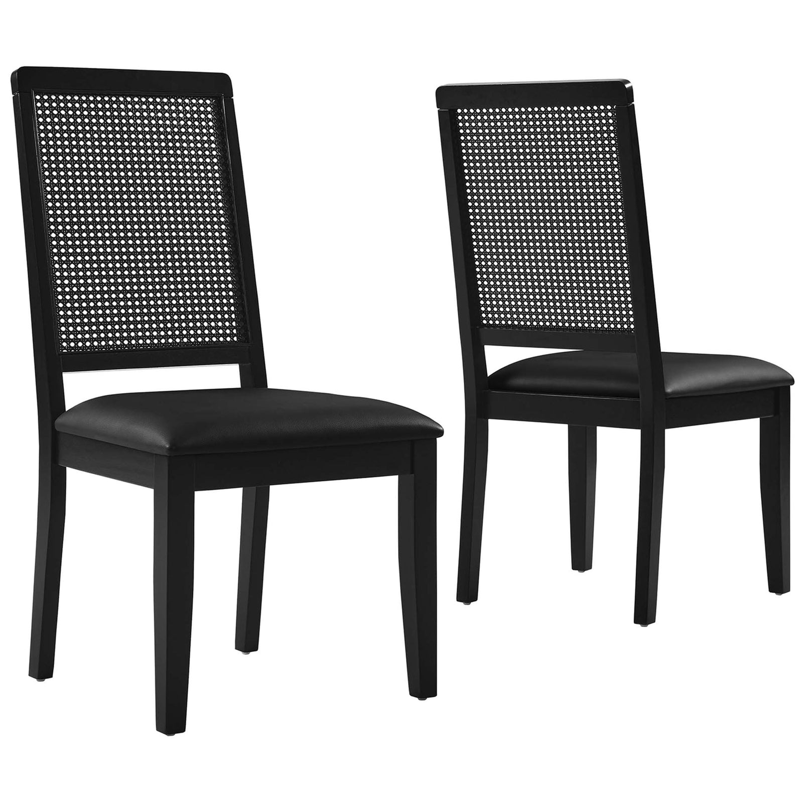 Set of two black vegan leather dining chairs with open faux rattan backs and sturdy wood legs || EEI-6802-BLK-BLK-BLK || front_angle_multi_studio