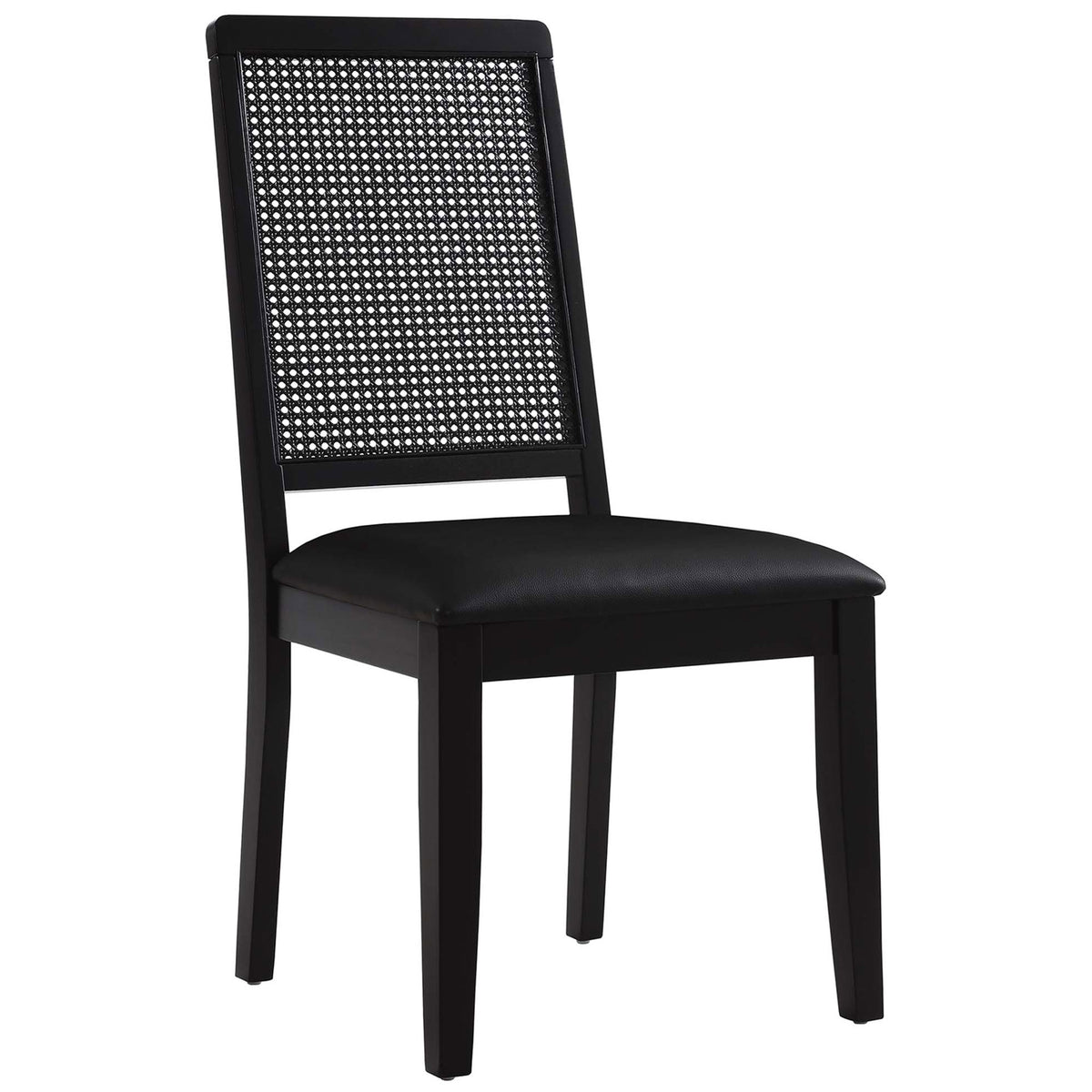 Black vegan leather dining chair with airy faux rattan cane back and clean, modern wood frame || EEI-6802-BLK-BLK-BLK || front_angle_studio