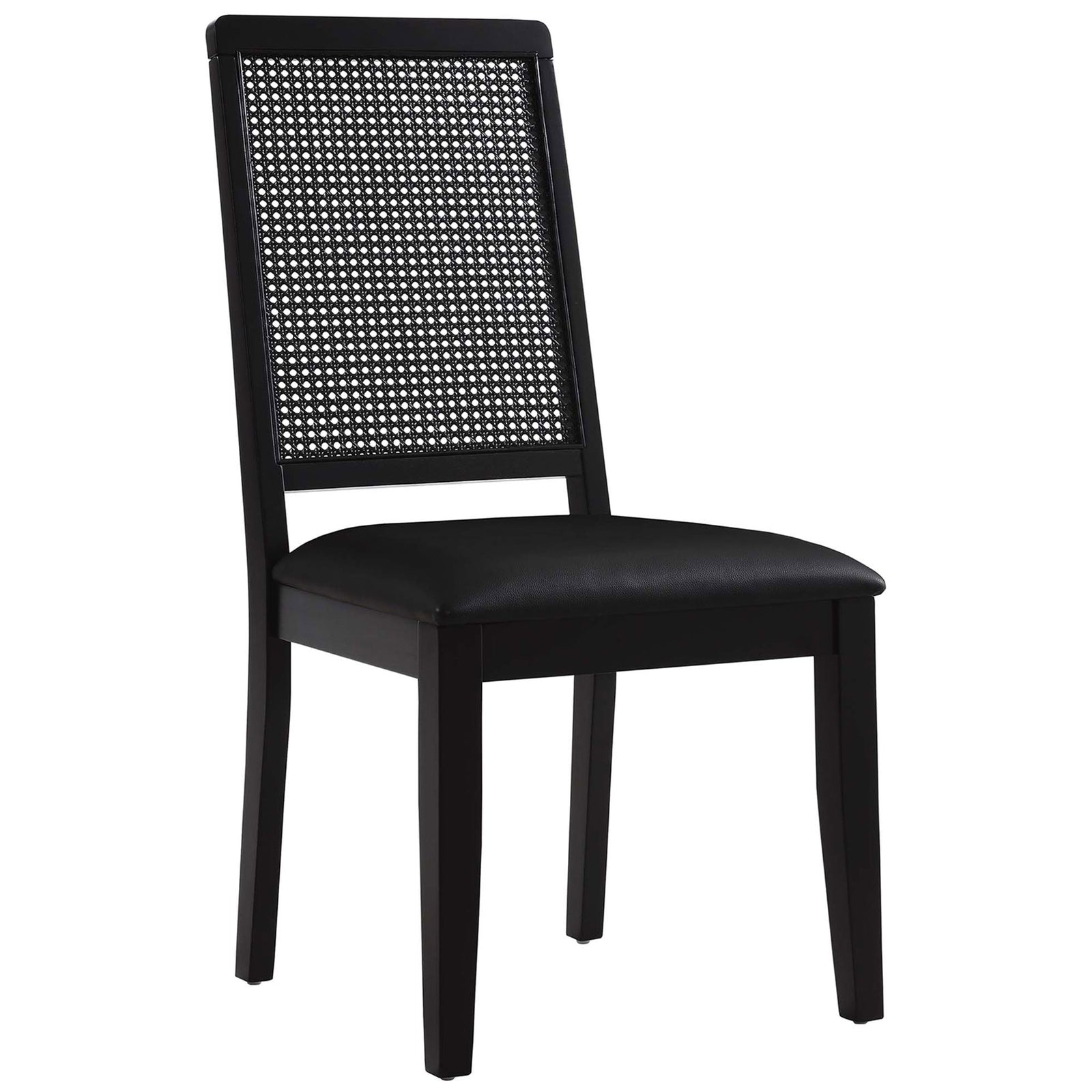 Black vegan leather dining chair with airy faux rattan cane back and clean, modern wood frame || EEI-6802-BLK-BLK-BLK || front_angle_studio