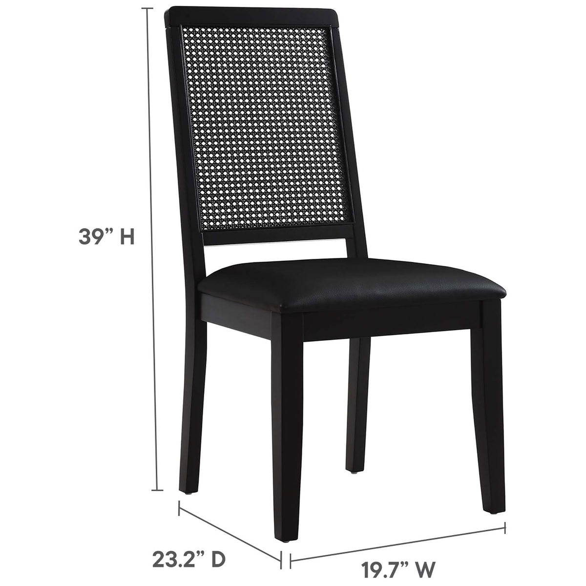 Black vegan leather dining chair with tall cane back and generously sized cushioned seat || EEI-6802-BLK-BLK-BLK || dimension_studio