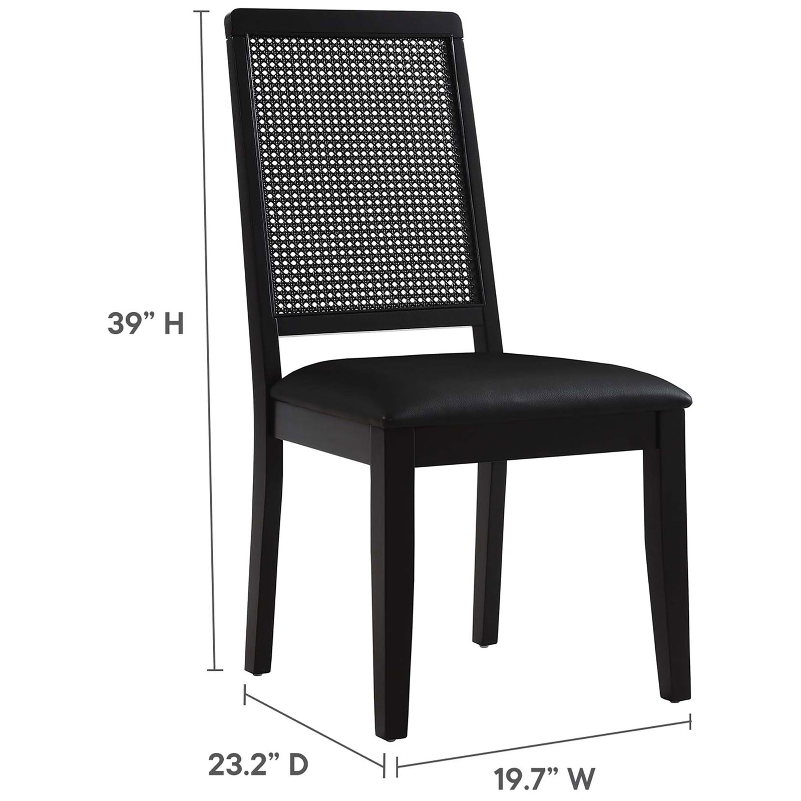 Black vegan leather dining chair with tall cane back and generously sized cushioned seat || EEI-6802-BLK-BLK-BLK || dimension_studio