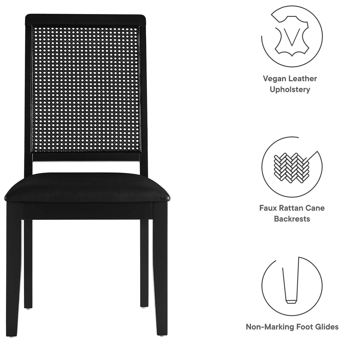 Black faux rattan dining chair crafted with vegan leather upholstery and non marking foot glides || EEI-6802-BLK-BLK-BLK || callout_studio