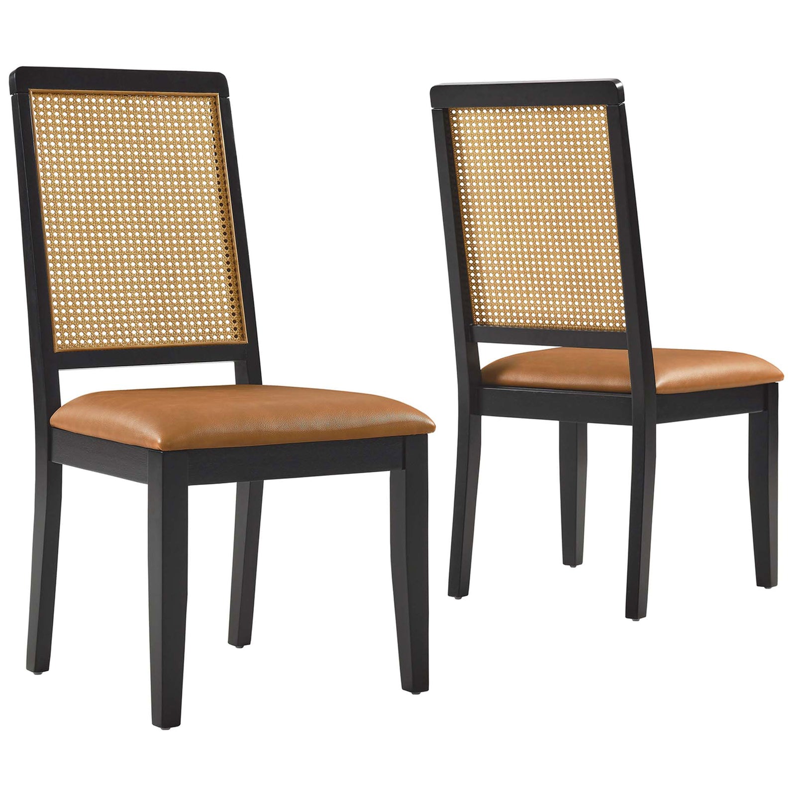 Pair of black wood dining chairs with tan vegan leather seats and woven cane backs || EEI-6802-BLK-NAT-TAN || front_angle_multi_studio