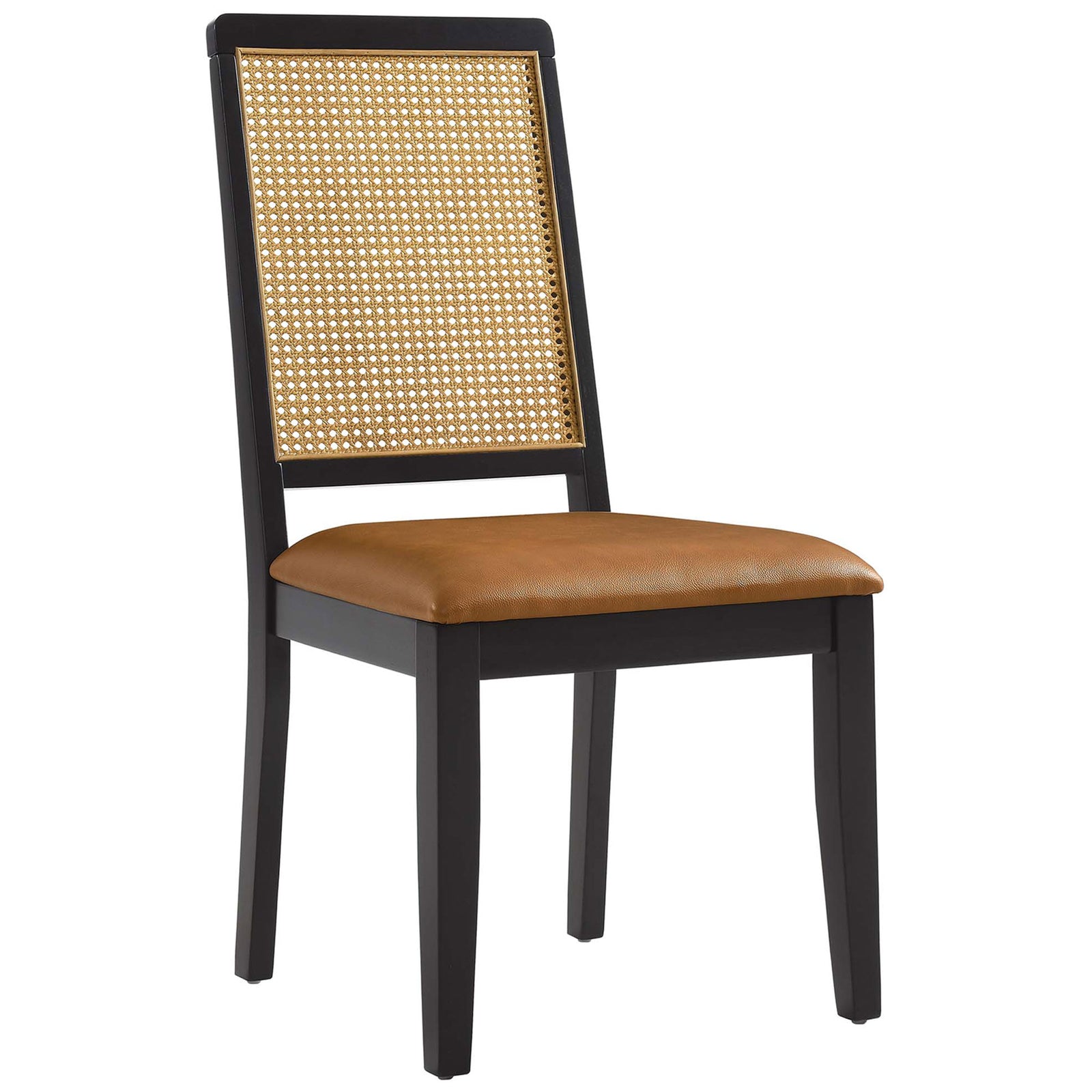 Black wood dining chair with tan vegan leather seat and woven cane backrest || EEI-6802-BLK-NAT-TAN || front_angle_studio